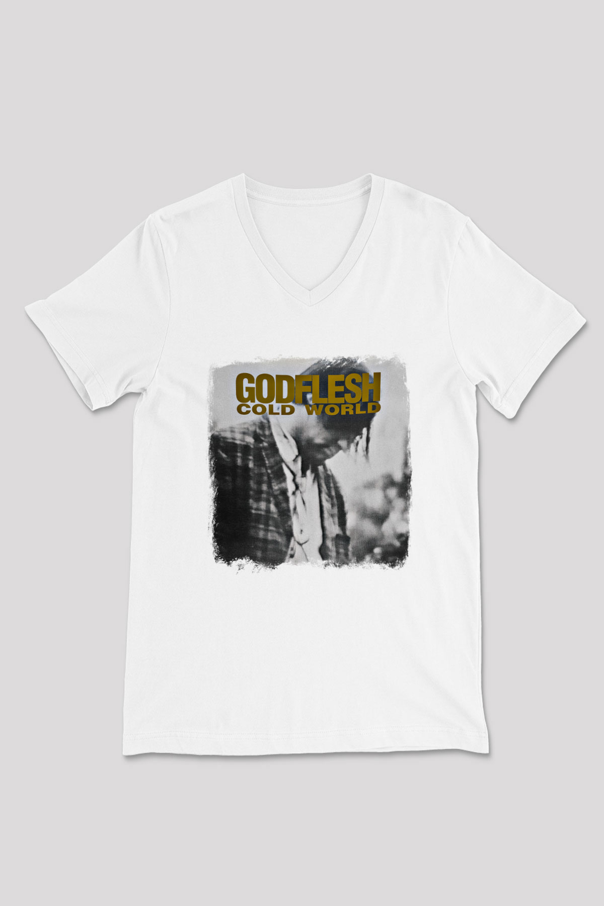 Godflesh Baskılı Unisex Beyaz V Yaka Tişört