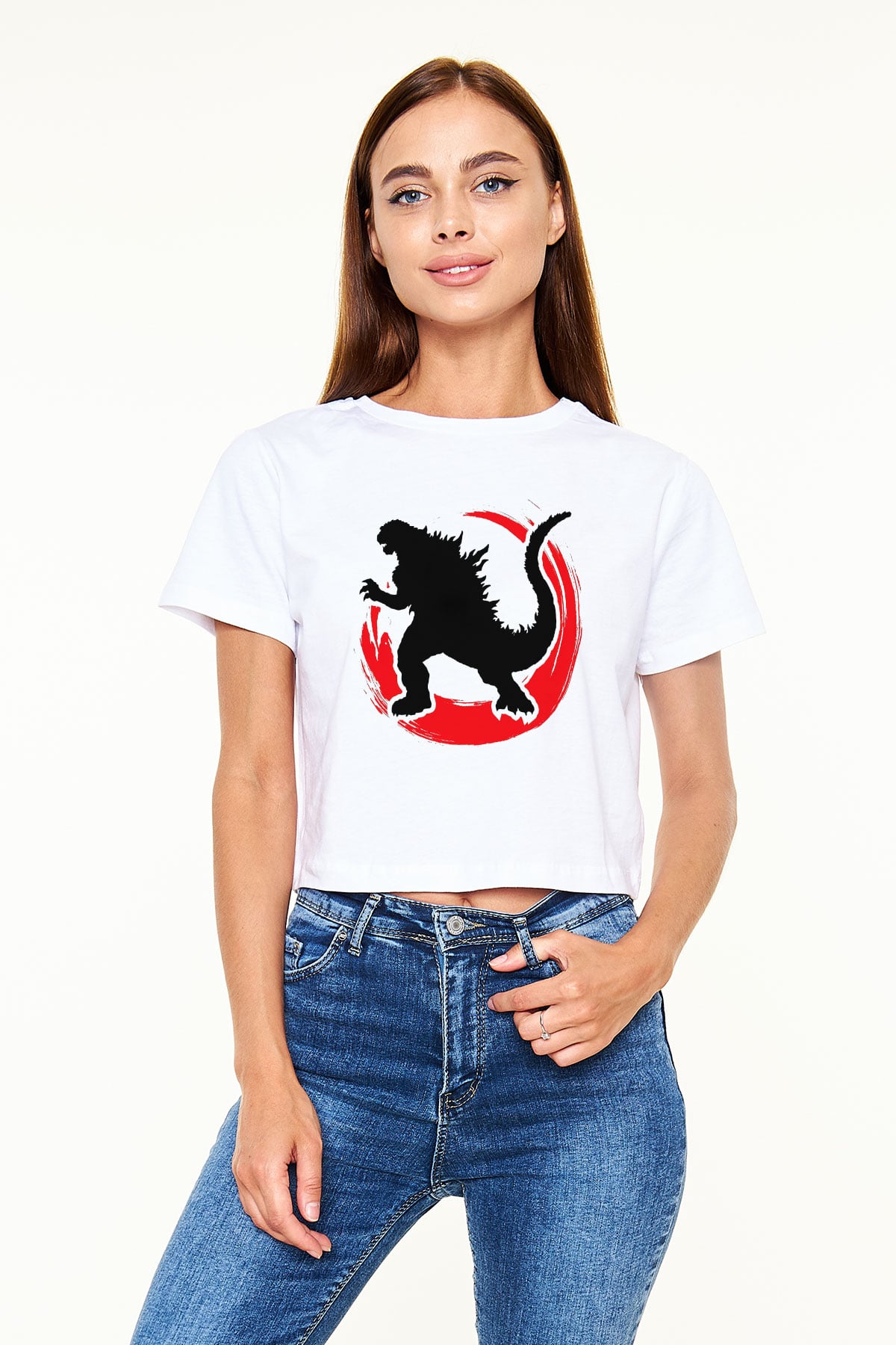 Godzilla Beyaz Croptop Tişört