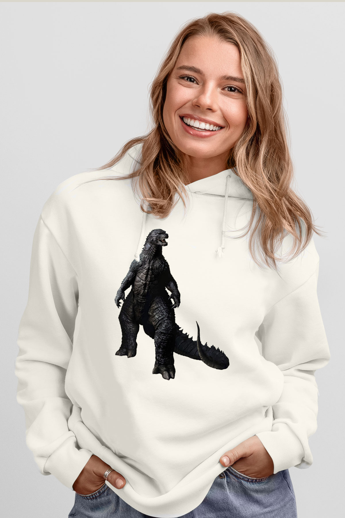 Godzilla Beyaz Unisex Hoodie