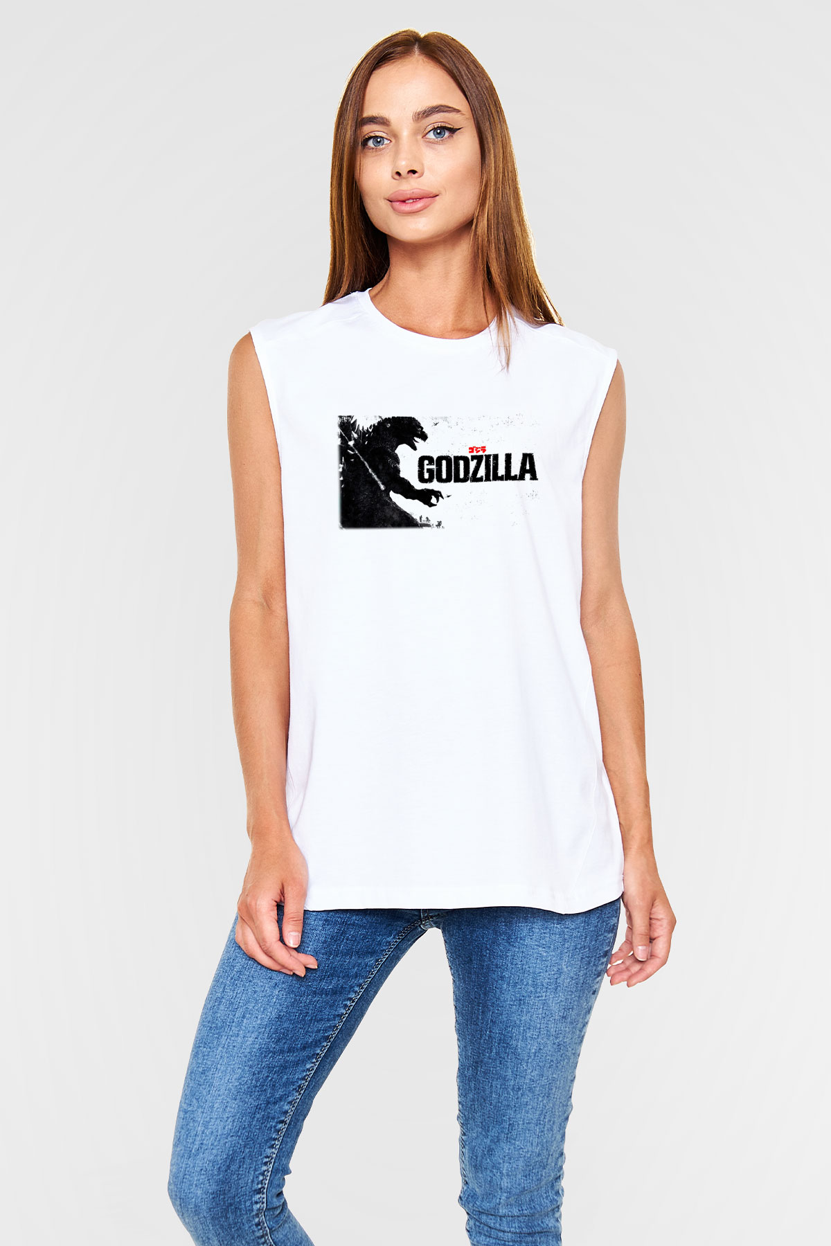Godzilla Beyaz Unisex Kolsuz Tişört