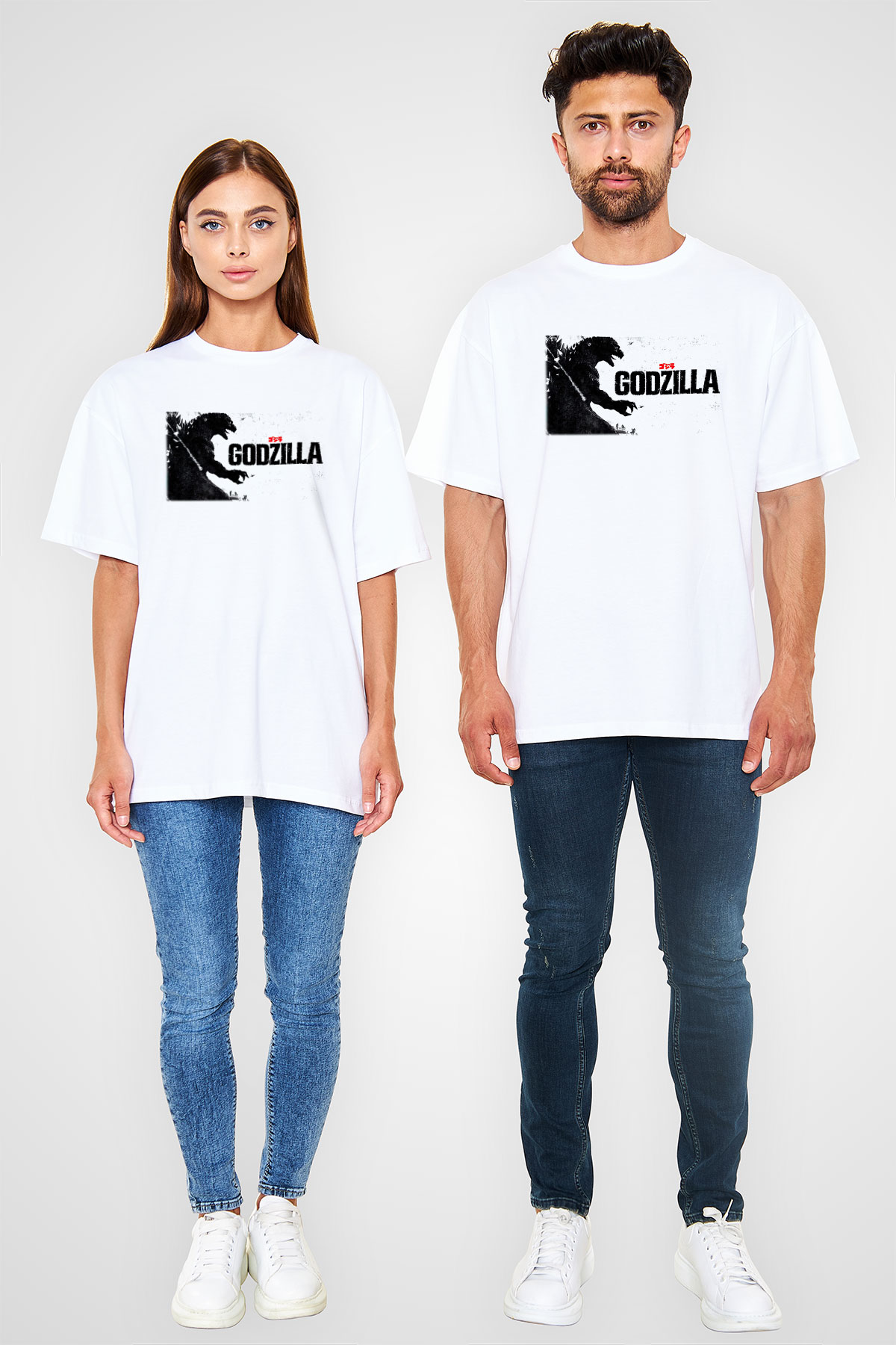 Godzilla Beyaz Unisex Oversize Tişört T-Shirt