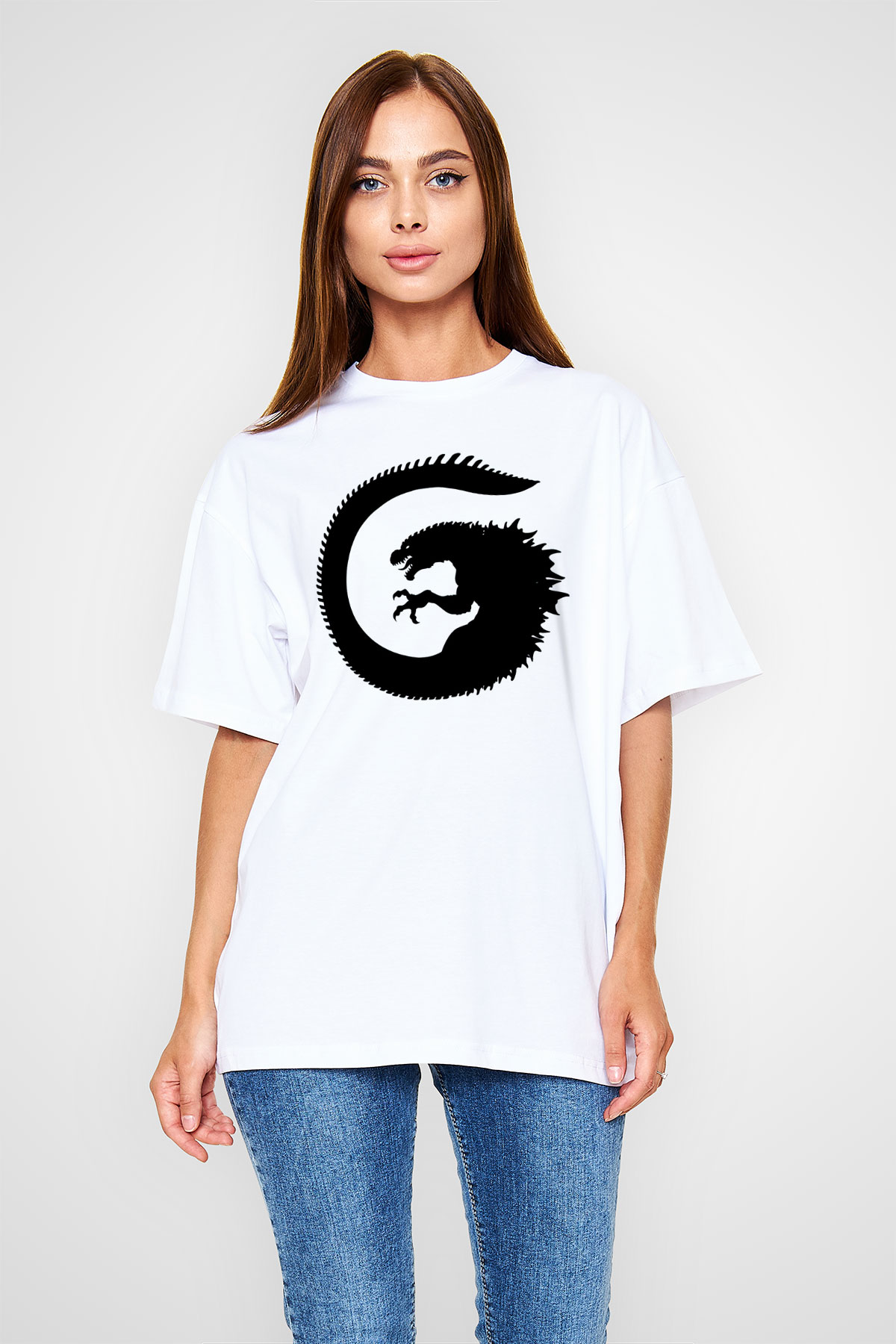 Godzilla Beyaz Unisex Oversize Tişört T-Shirt