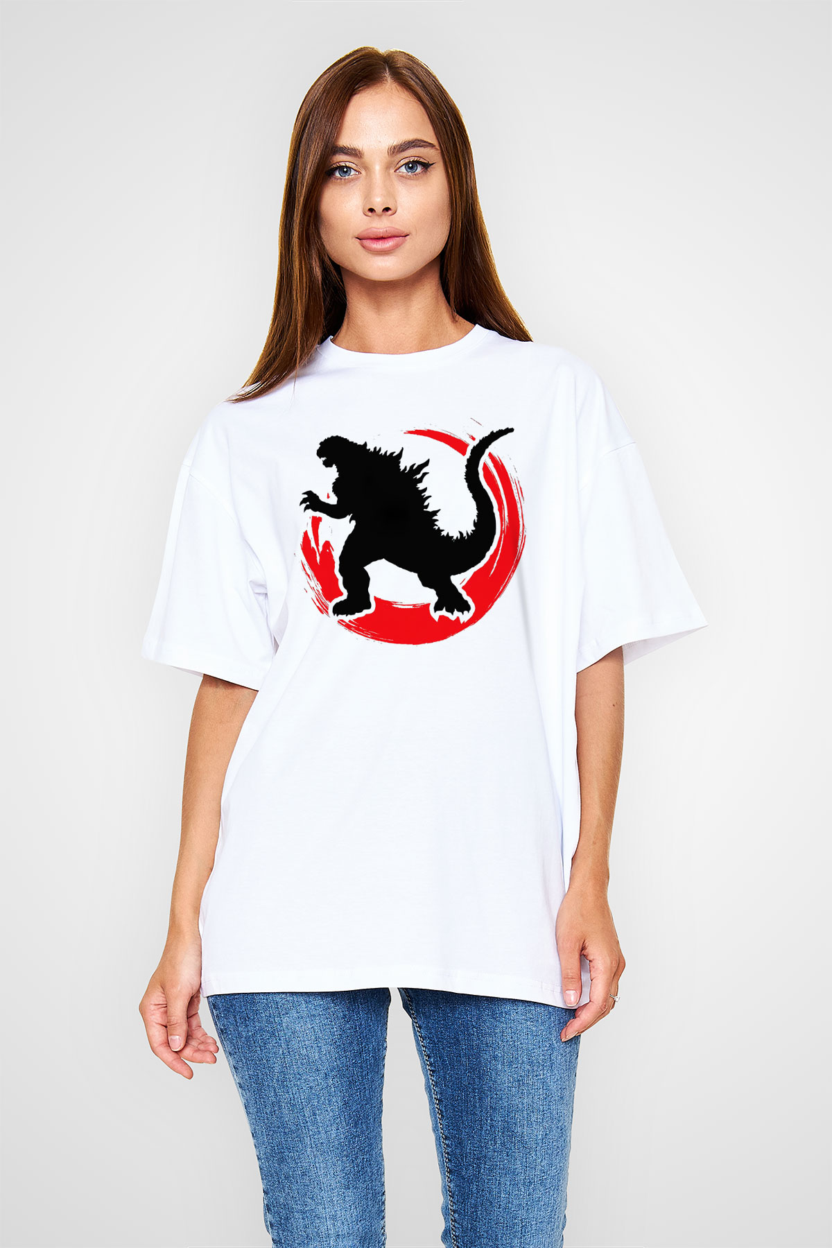 Godzilla Beyaz Unisex Oversize Tişört T-Shirt