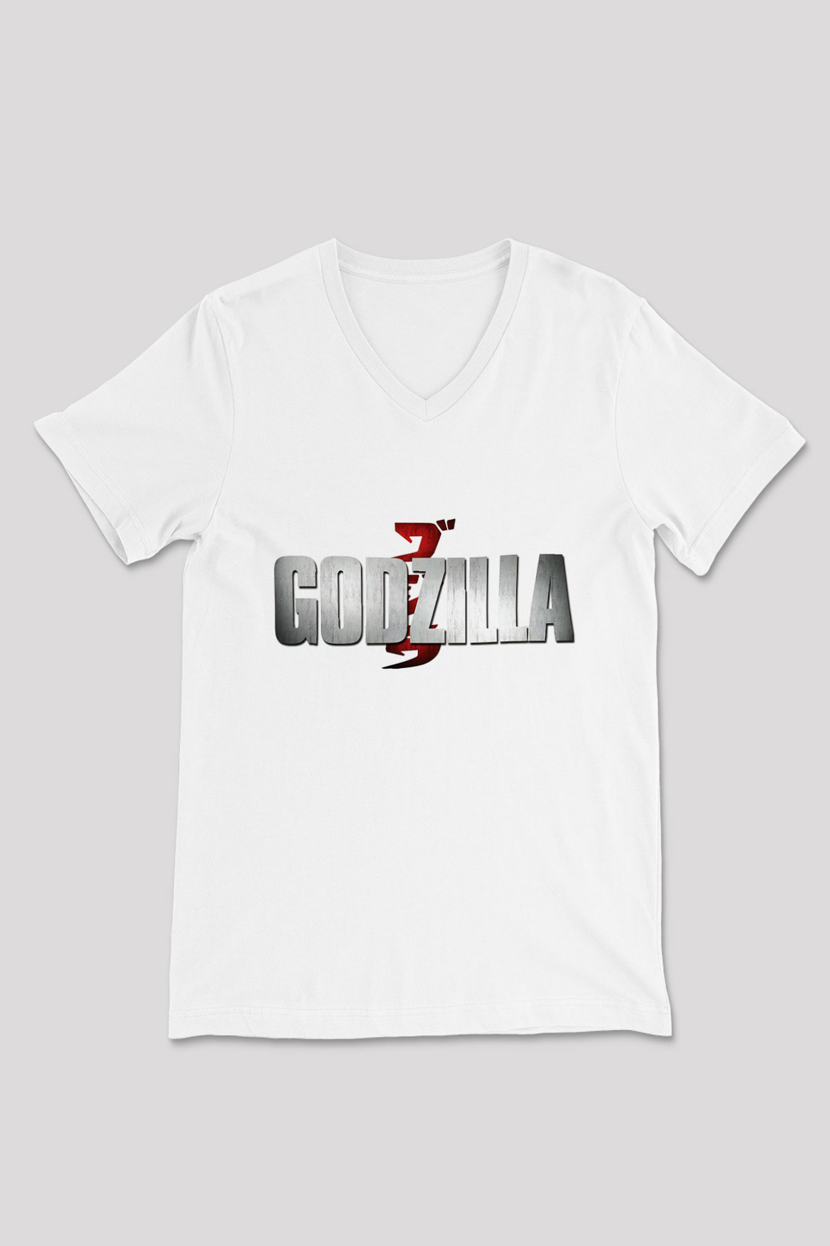 Godzilla Beyaz Unisex V Yaka Tişört T-Shirt