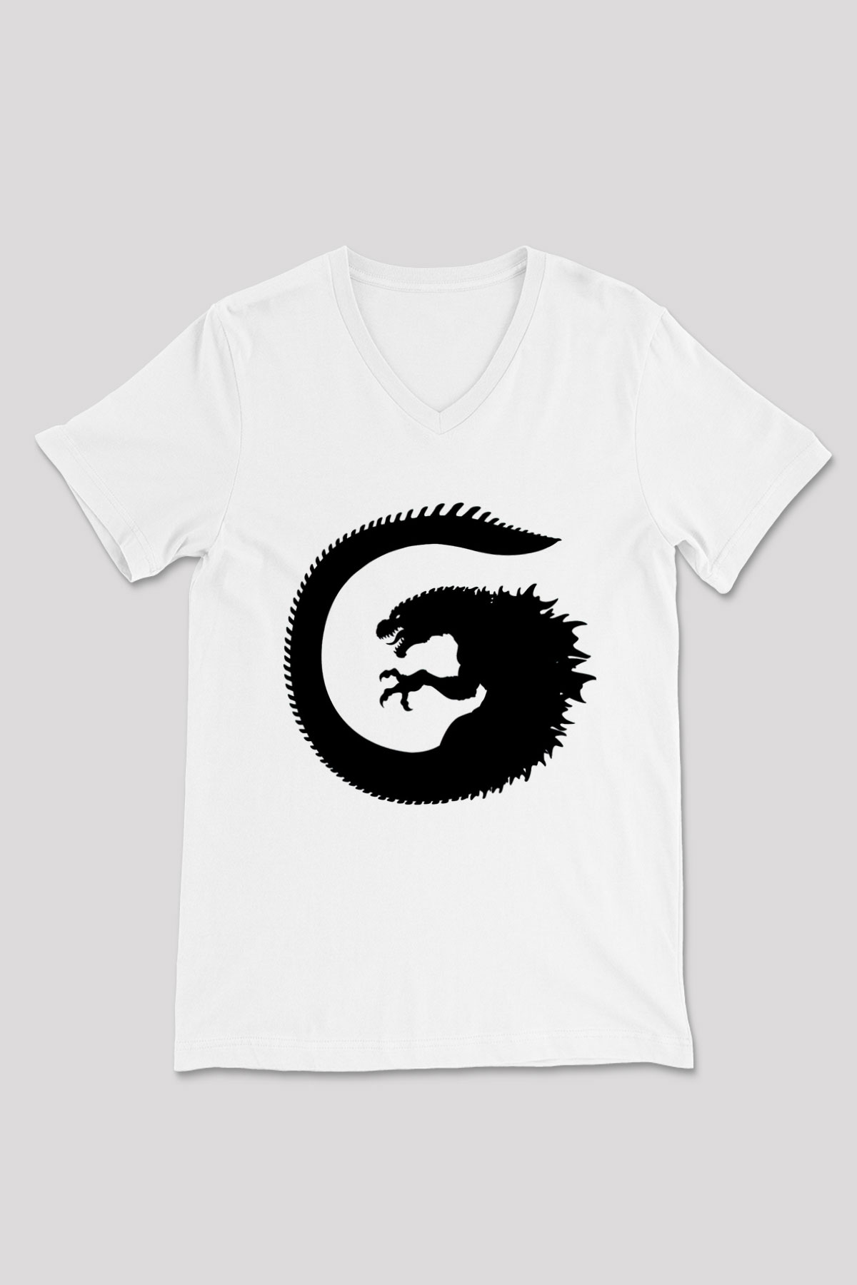 Godzilla Beyaz Unisex V Yaka Tişört T-Shirt