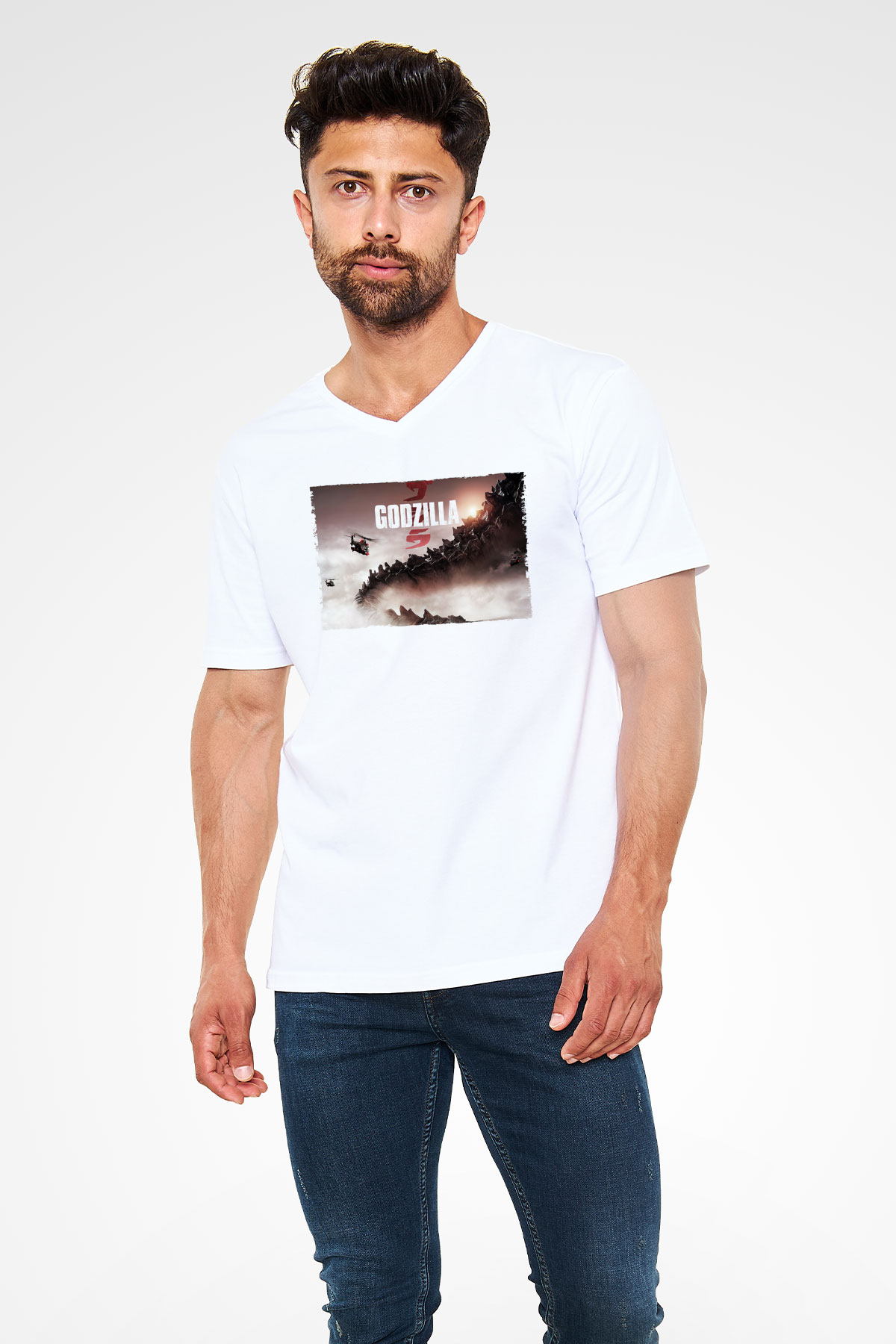 Godzilla Beyaz Unisex V Yaka Tişört T-Shirt
