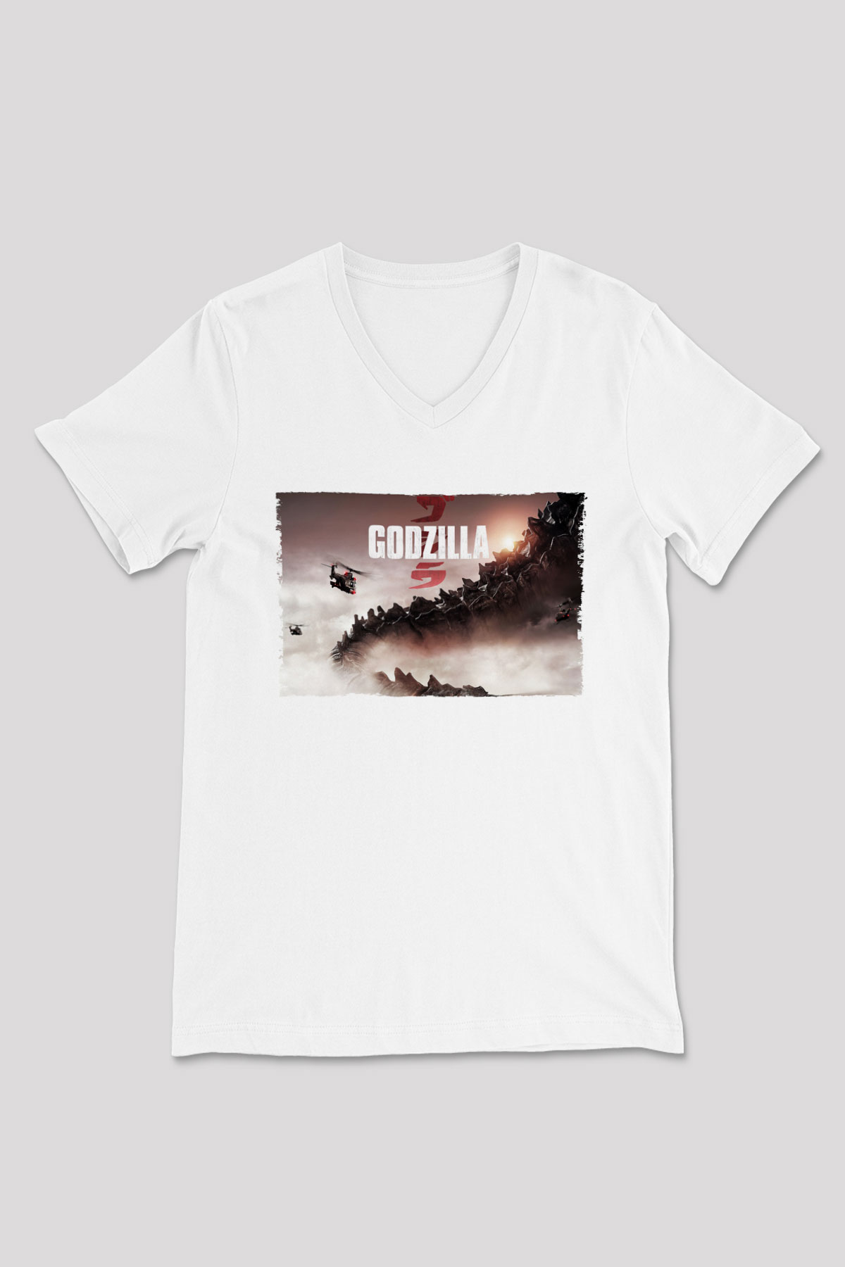 Godzilla Beyaz Unisex V Yaka Tişört T-Shirt