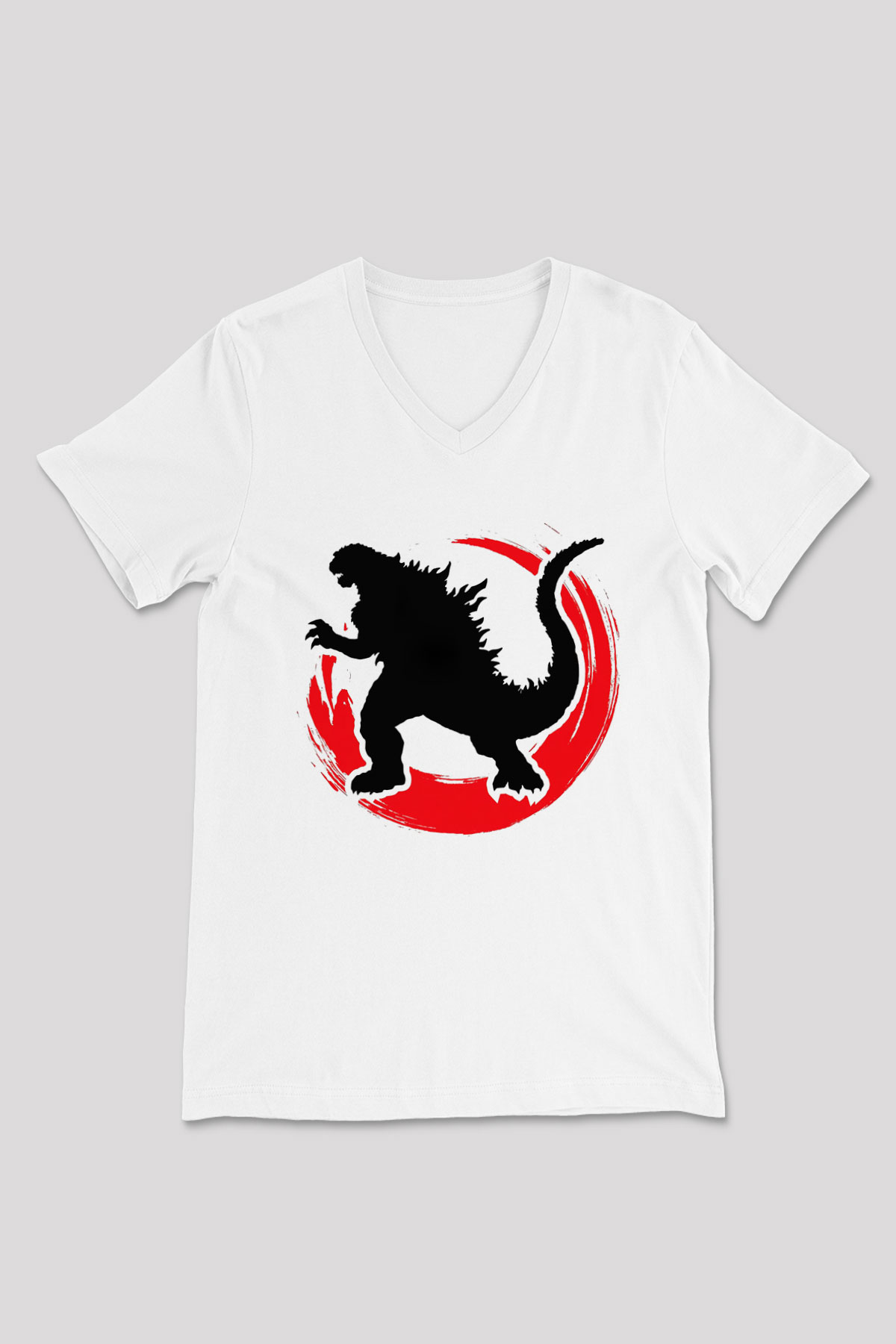 Godzilla Beyaz Unisex V Yaka Tişört T-Shirt