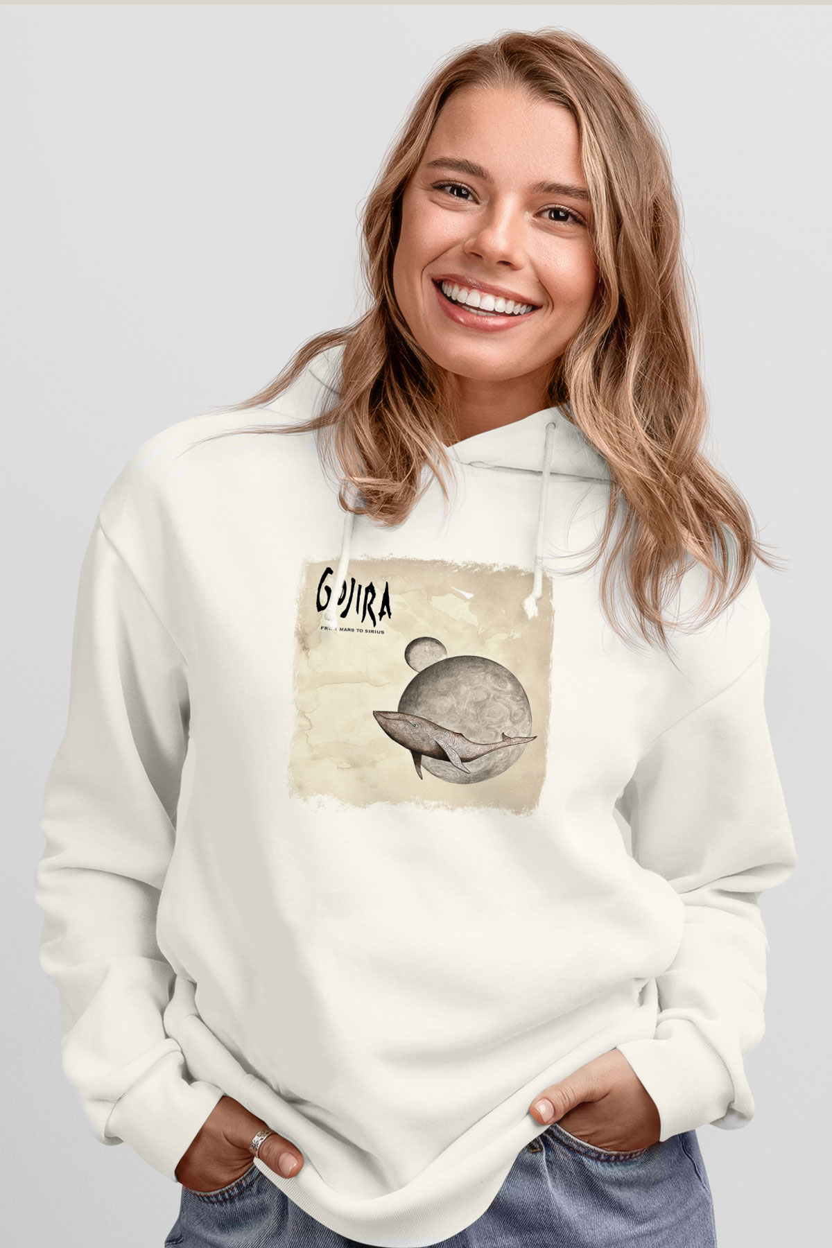 Gojira Baskılı Unisex Beyaz Hoodie