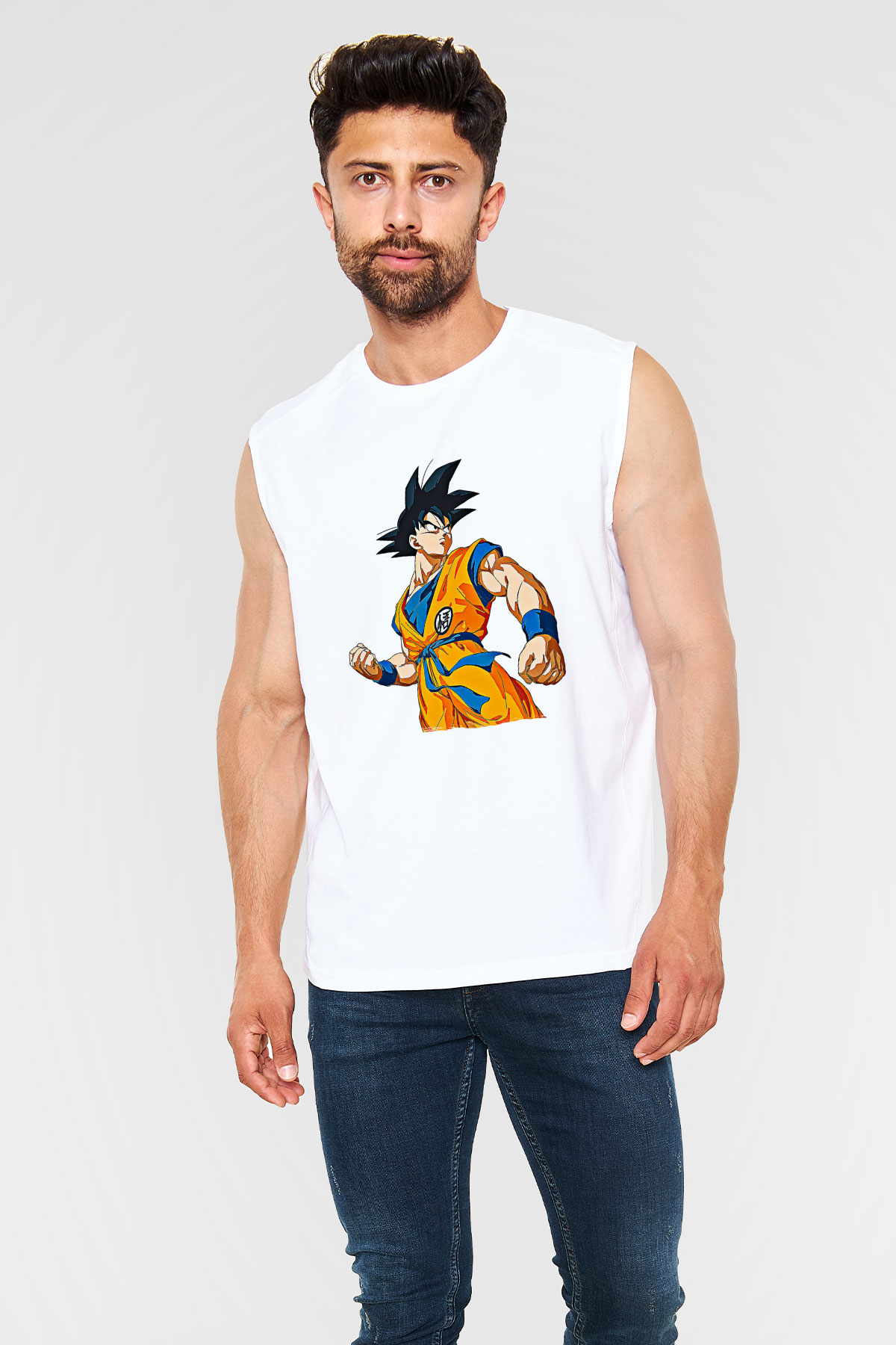 Goku Baskılı Beyaz Unisex Kolsuz Tişört - Tshirt