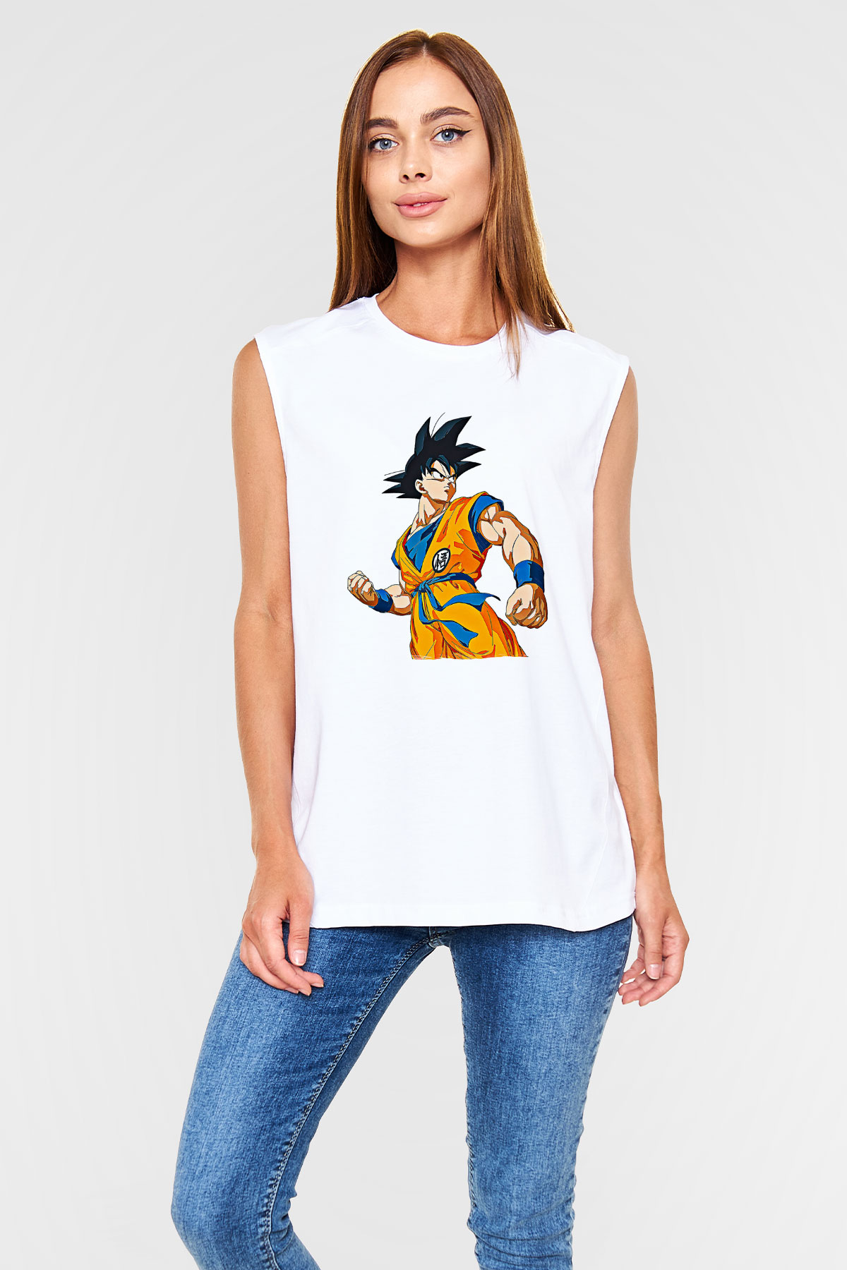 Goku Baskılı Beyaz Unisex Kolsuz Tişört - Tshirt