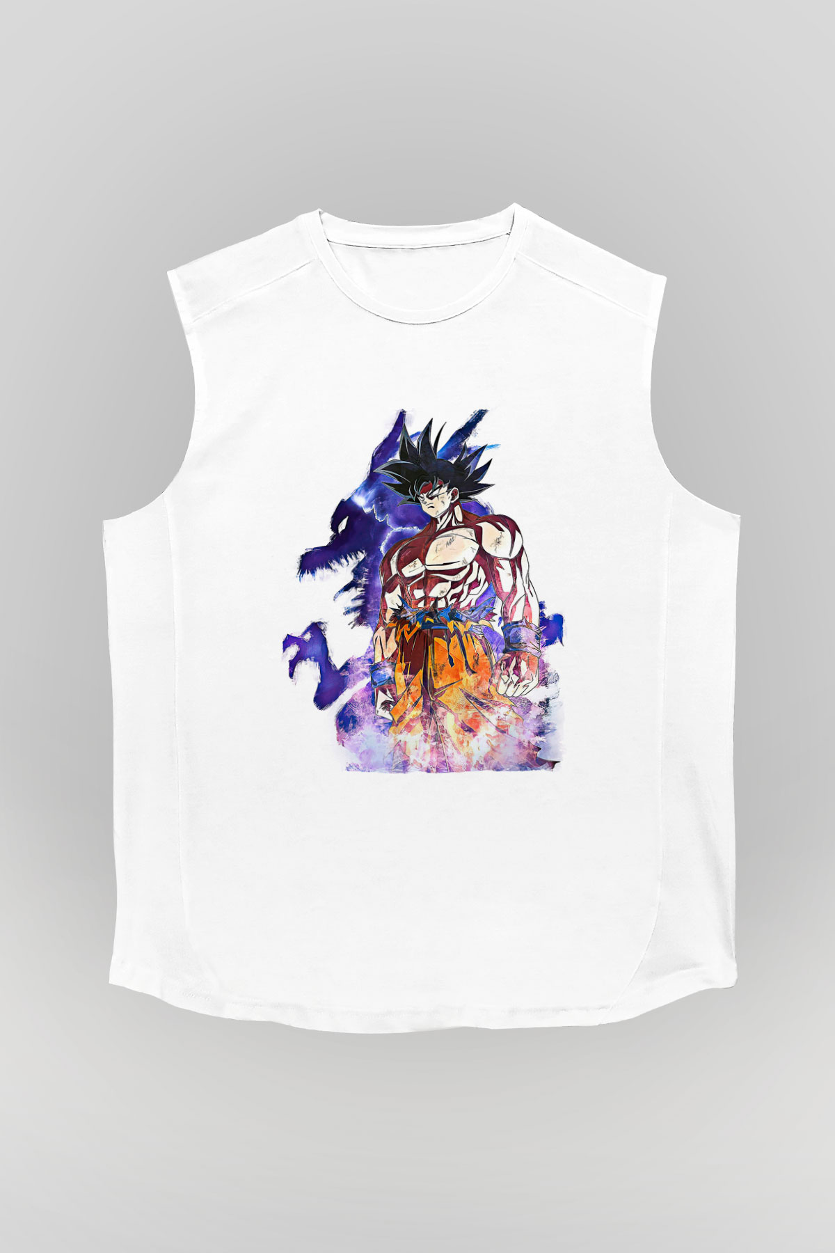 Goku Baskılı Beyaz Unisex Kolsuz Tişört - Tshirt