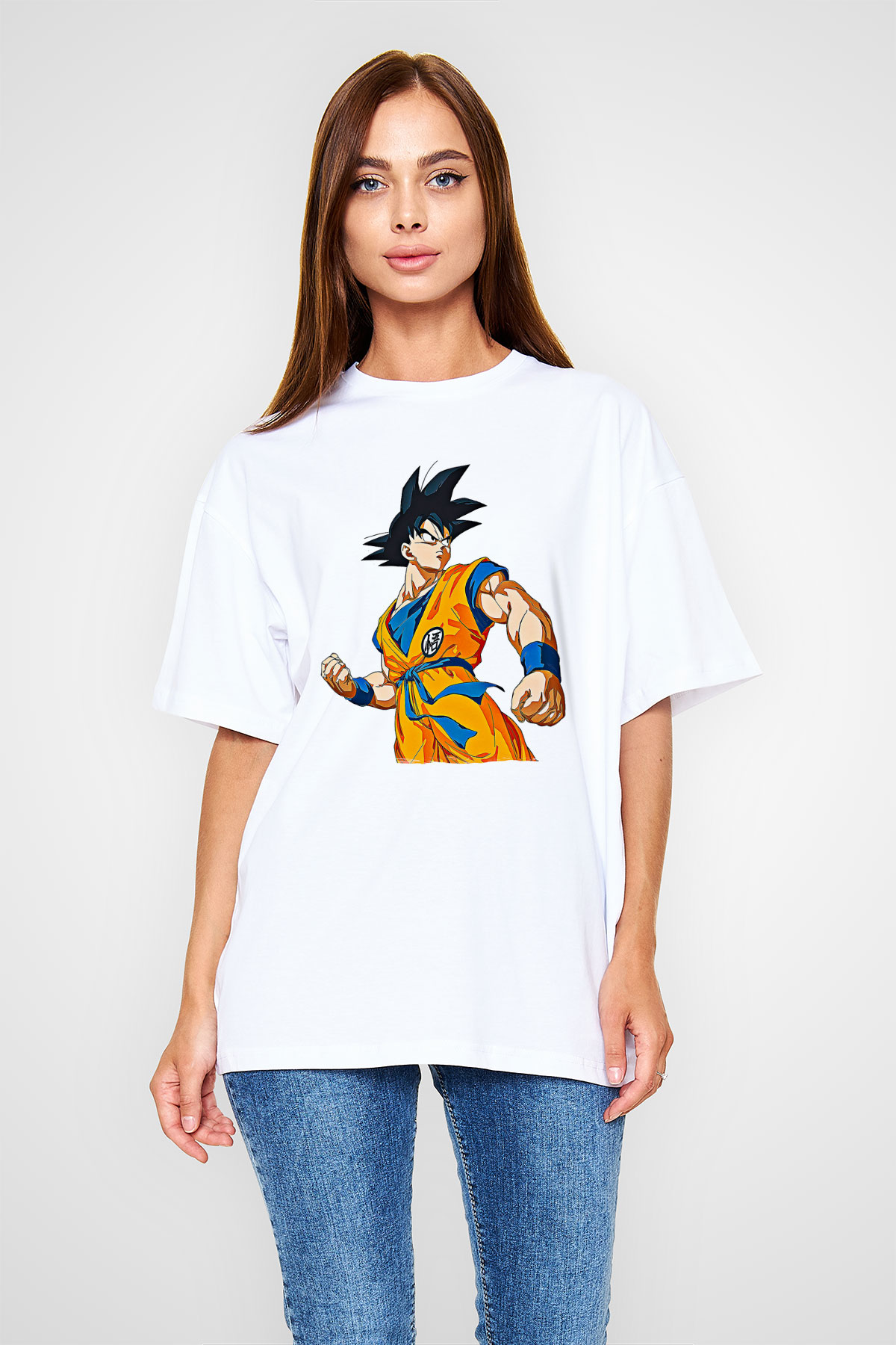 Goku Baskılı Beyaz Unisex Oversize Tişört - Tshirt