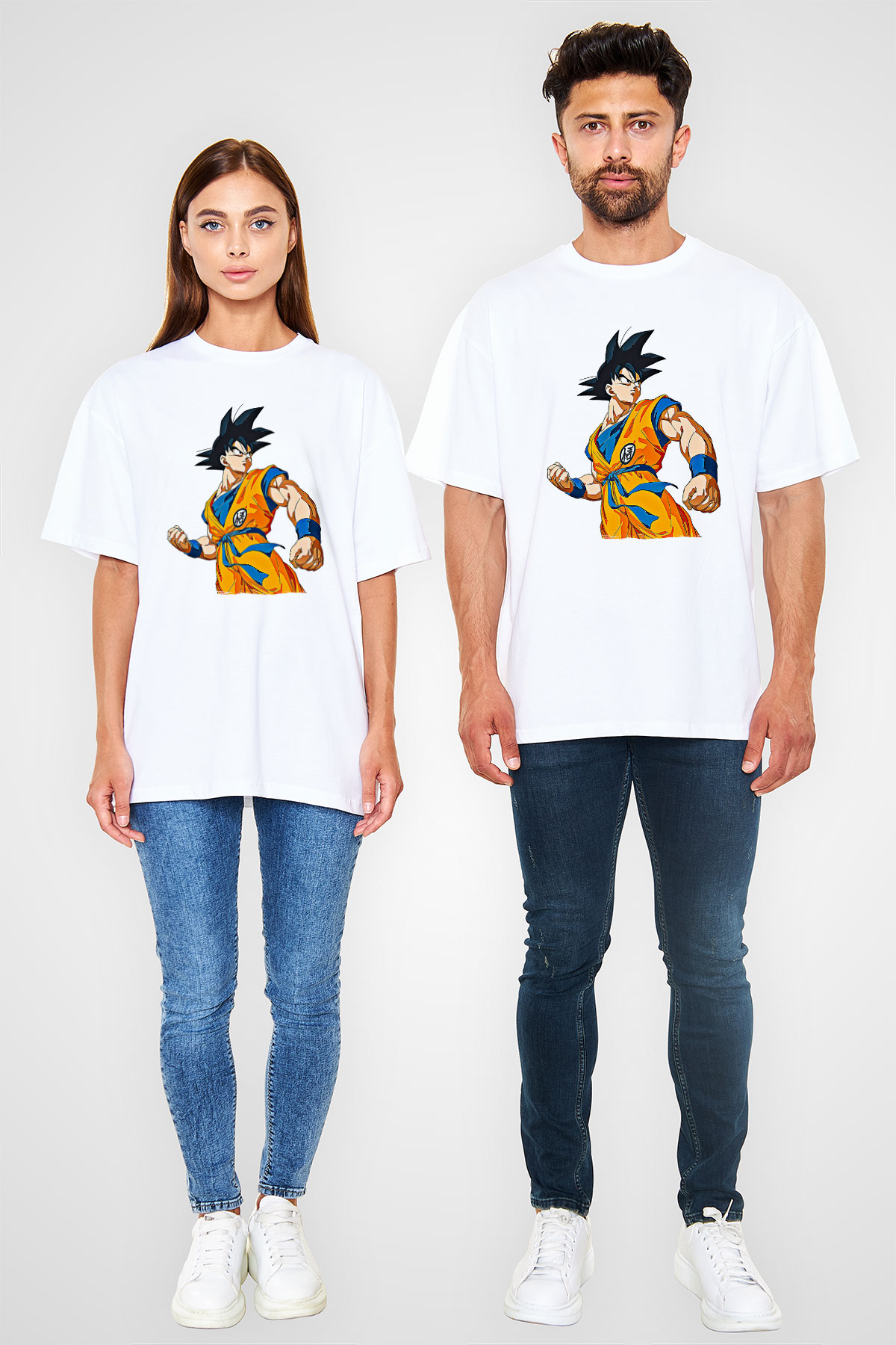 Goku Baskılı Beyaz Unisex Oversize Tişört - Tshirt