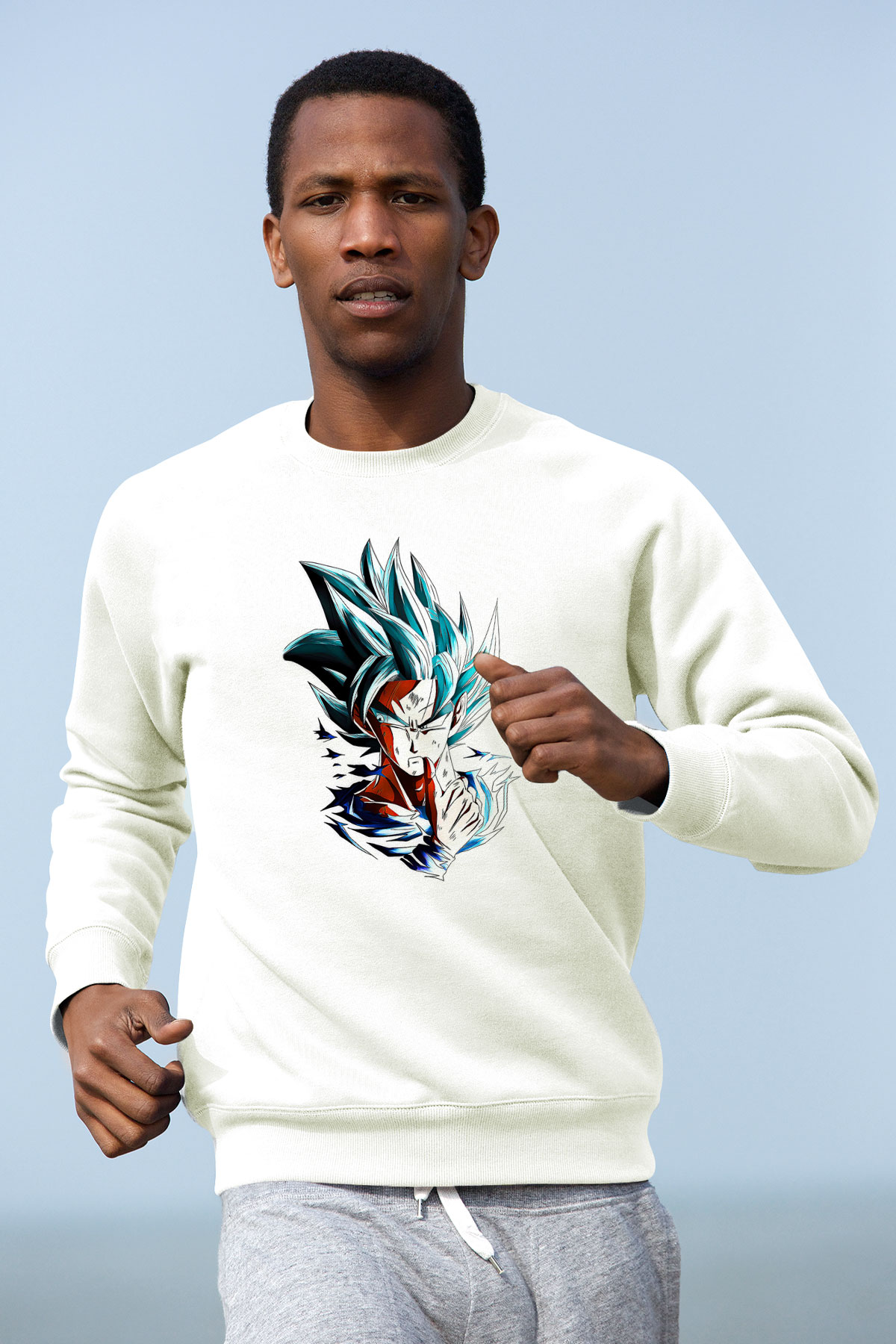 Goku Baskılı Beyaz Unisex Sweatshirt