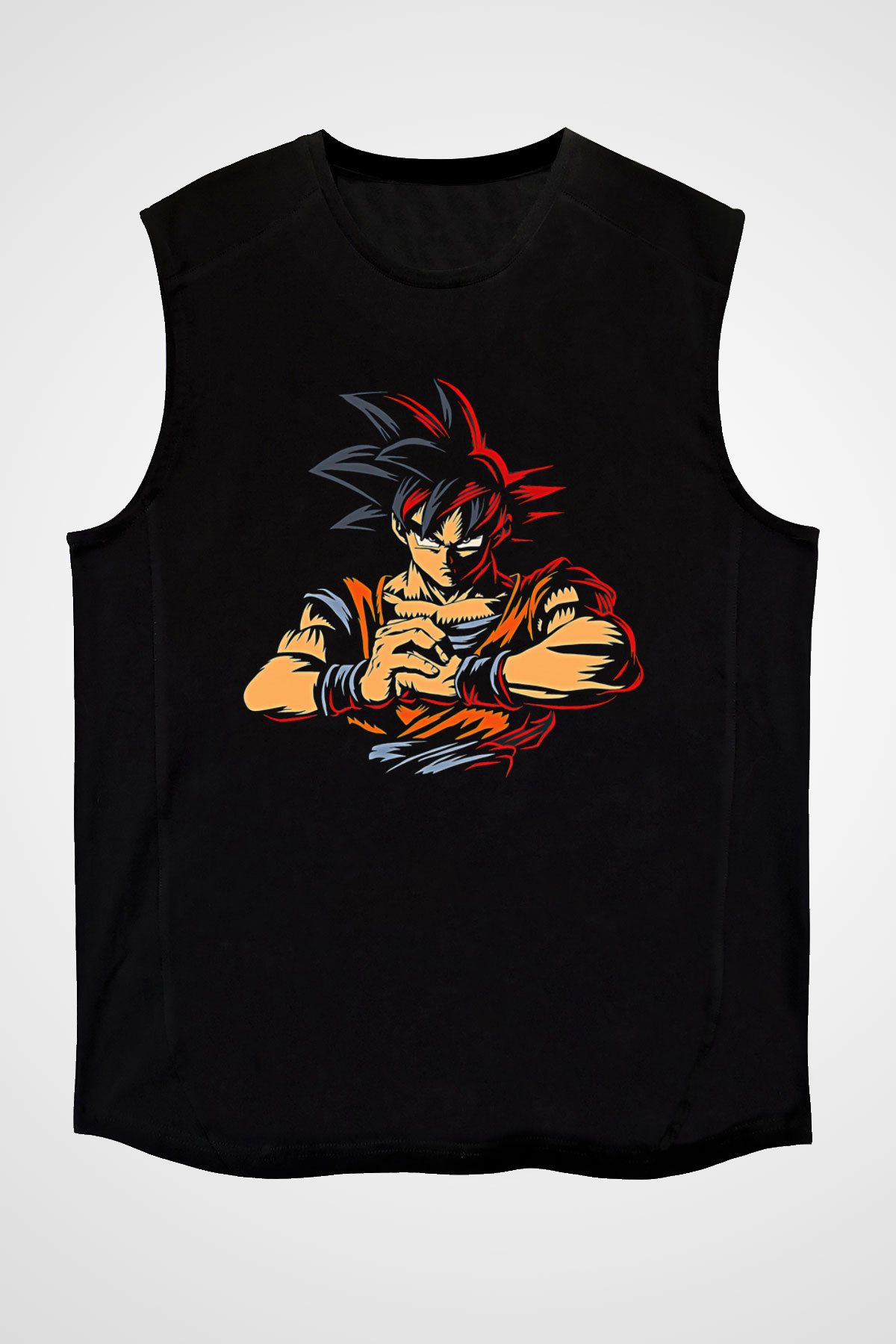 Goku Baskılı Unisex Siyah Kolsuz Tişört - Tshirt