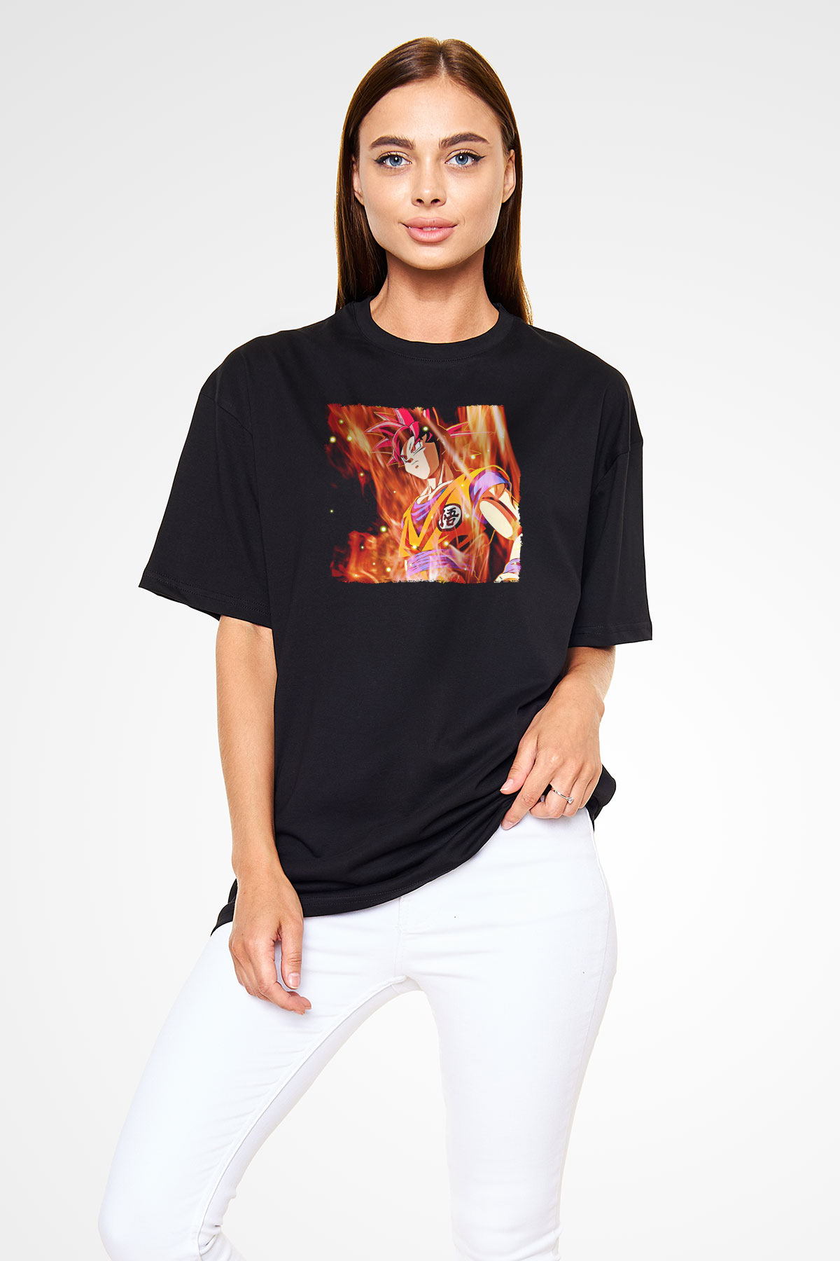 Goku Baskılı Unisex Siyah Oversize Tişört - Tshirt