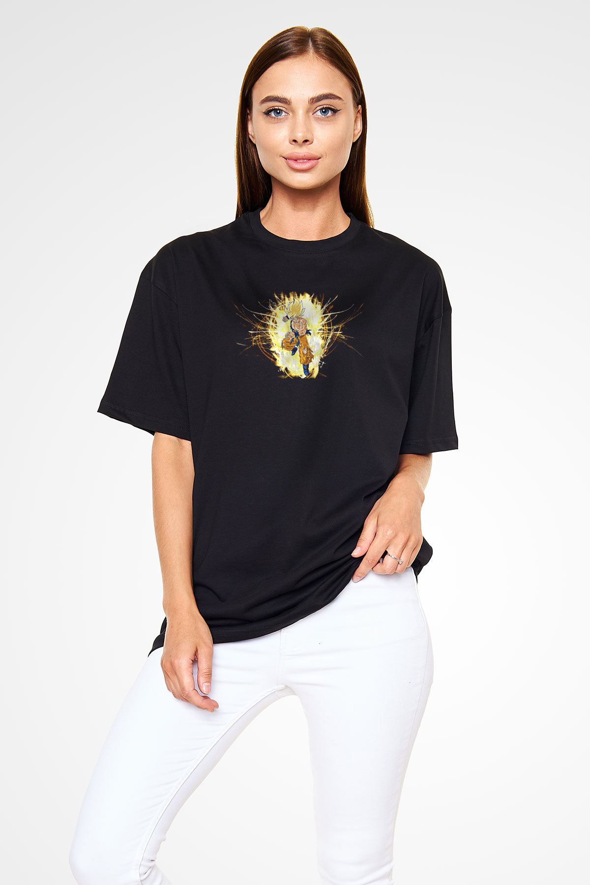 Goku Baskılı Unisex Siyah Oversize Tişört - Tshirt