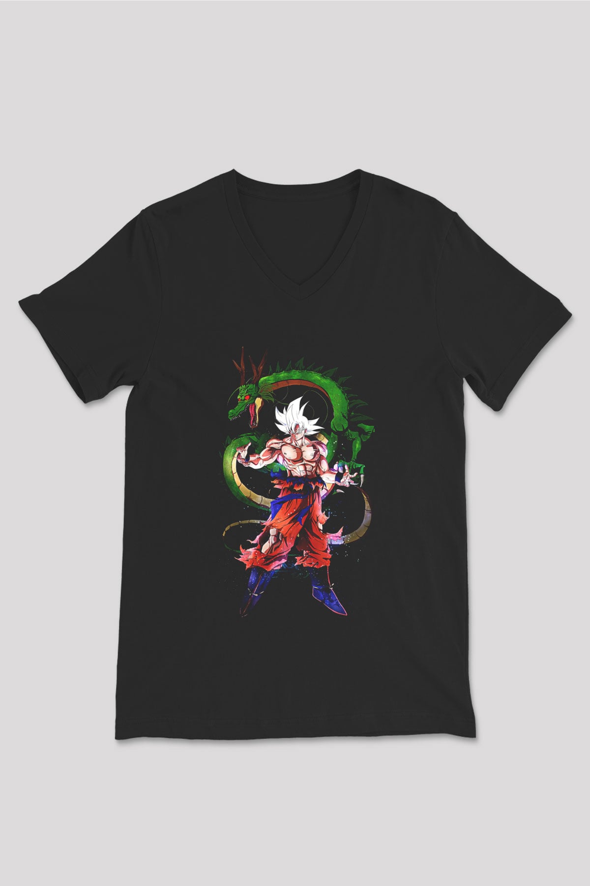 Goku Baskılı Unisex Siyah V Yaka Tişört - Tshirt
