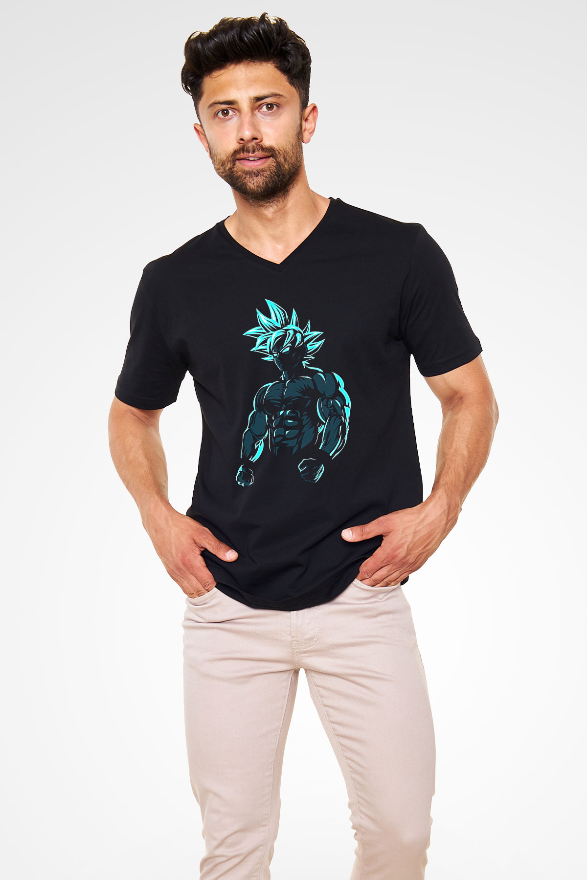 Goku Baskılı Unisex Siyah V Yaka Tişört - Tshirt