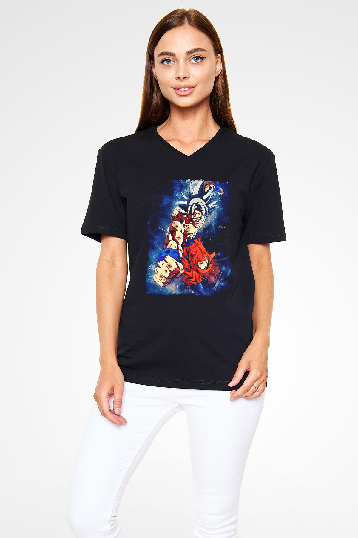 Goku Baskılı Unisex Siyah V Yaka Tişört - Tshirt