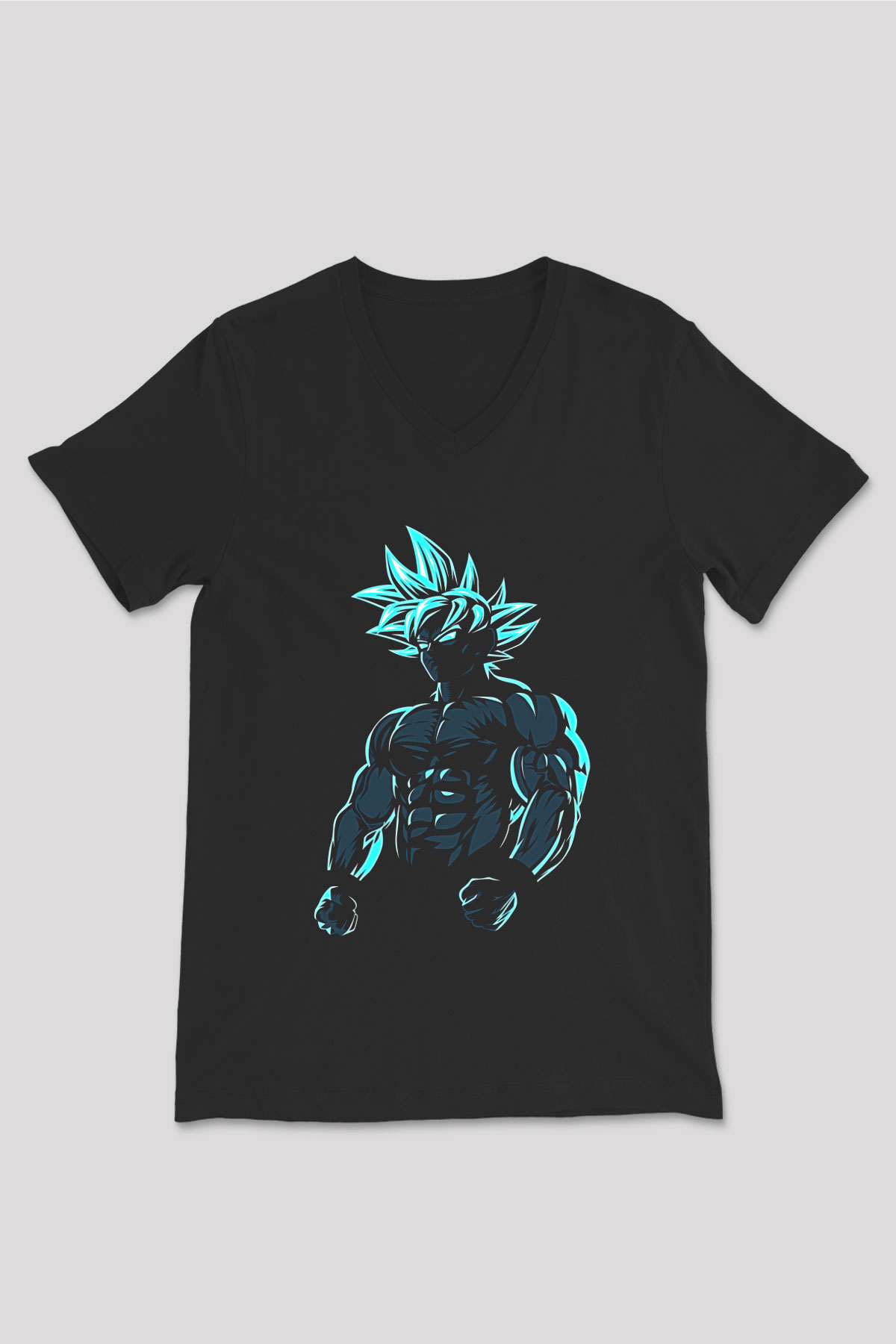 Goku Baskılı Unisex Siyah V Yaka Tişört - Tshirt