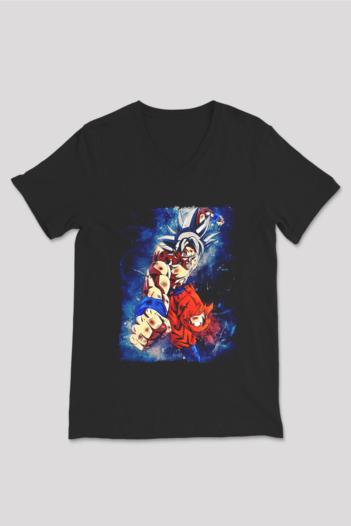 Goku Baskılı Unisex Siyah V Yaka Tişört - Tshirt