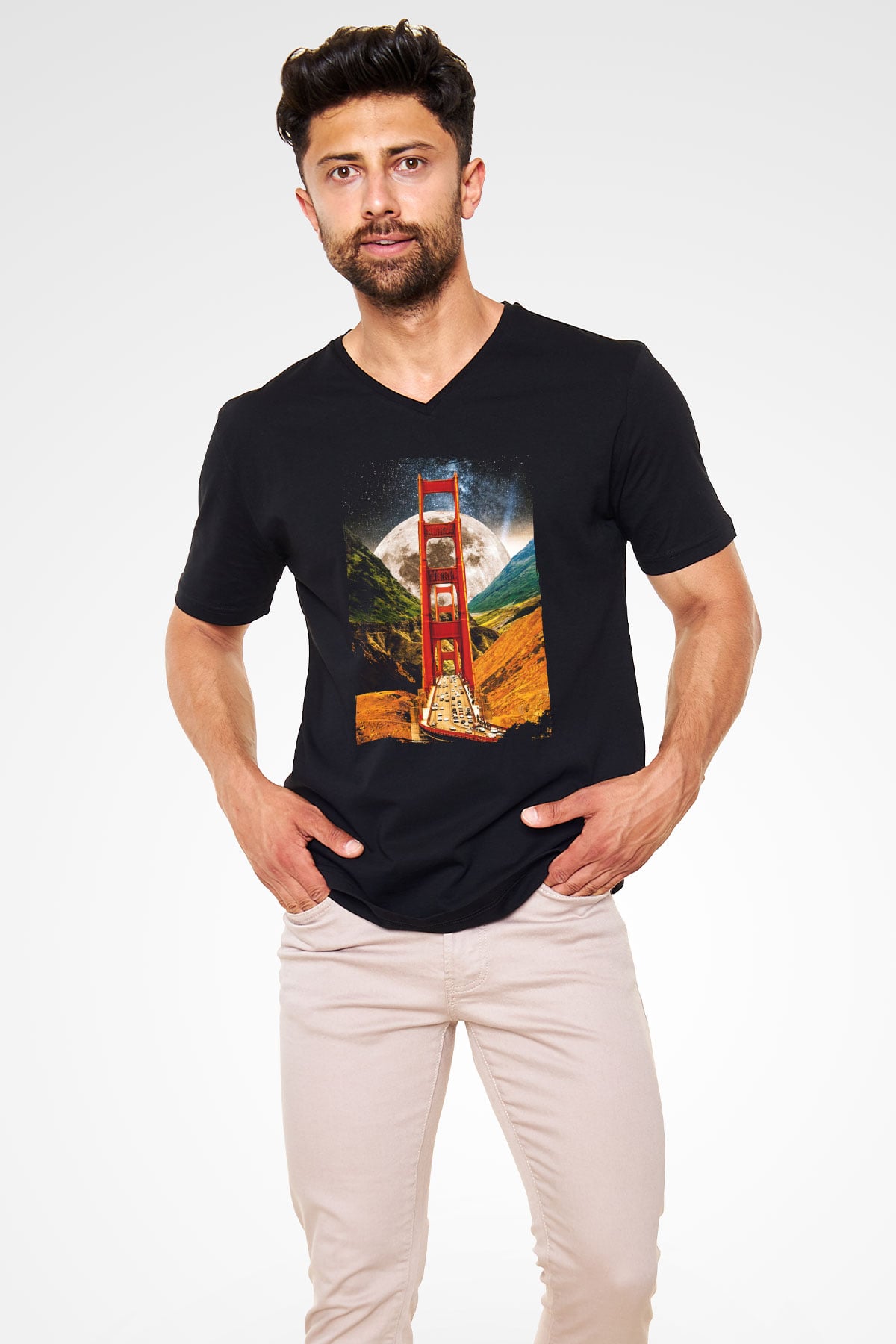 Golden Gate Bridge Siyah Unisex V Yaka Tişört