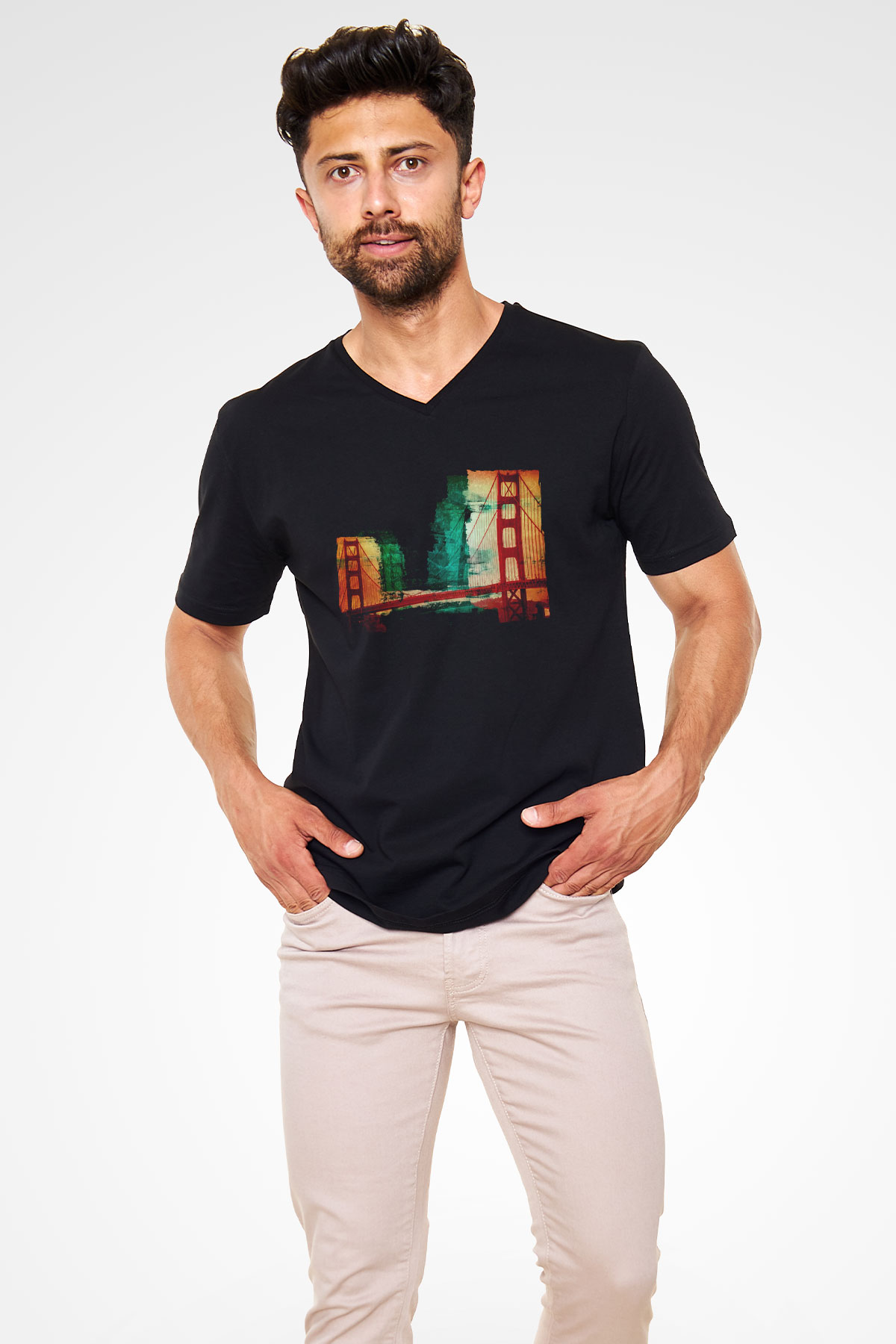 Golden Gate Bridge Siyah Unisex V Yaka Tişört