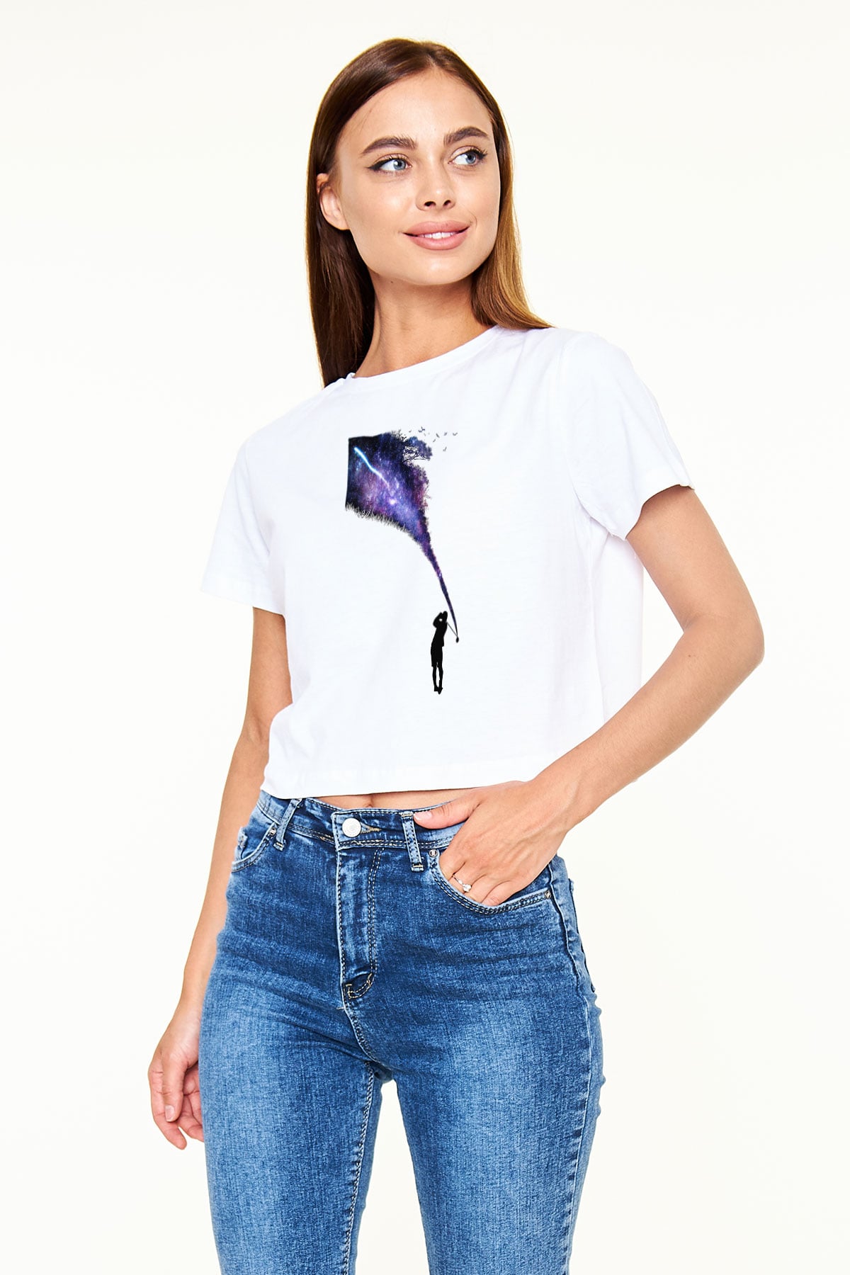 Golf Baskılı Crop Top Beyaz Tişört - T-shirt