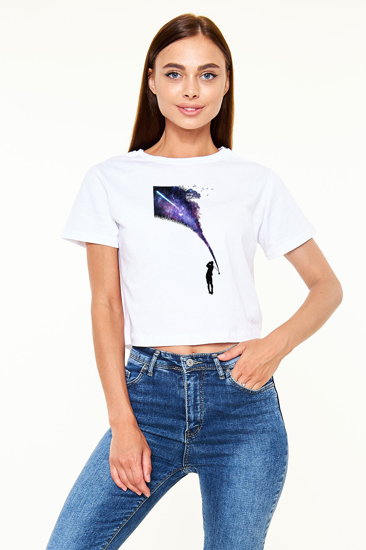 Golf Baskılı Crop Top Beyaz Tişört - T-shirt
