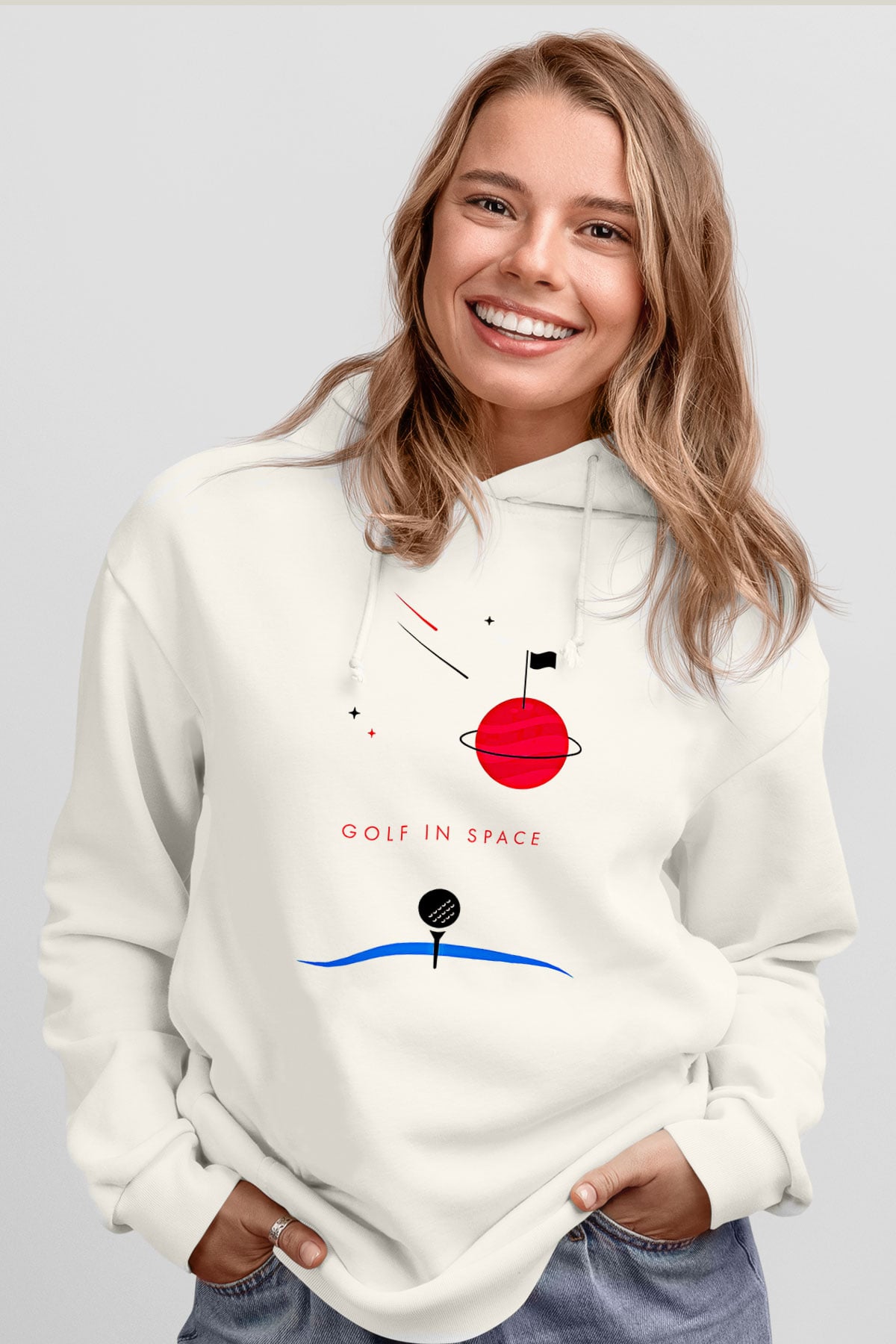 Golf Baskılı Unisex Ekru Hoodie
