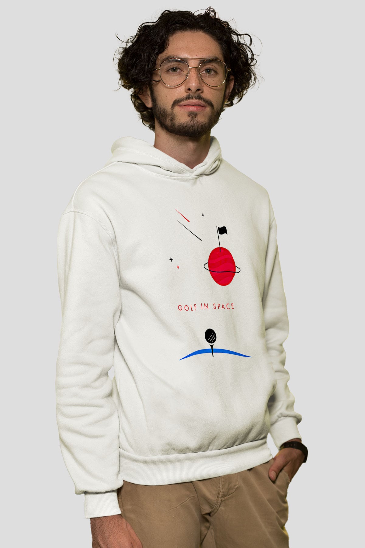 Golf Baskılı Unisex Ekru Hoodie