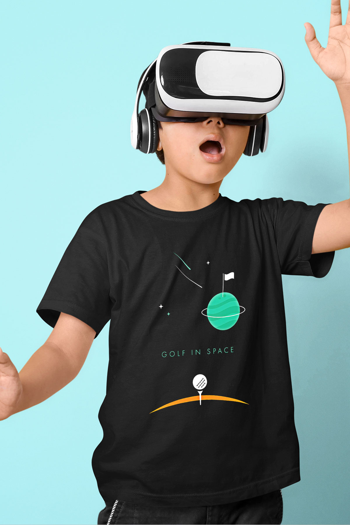 Golf Baskılı Unisex Siyah Çocuk Tİşörtü - Tshirt