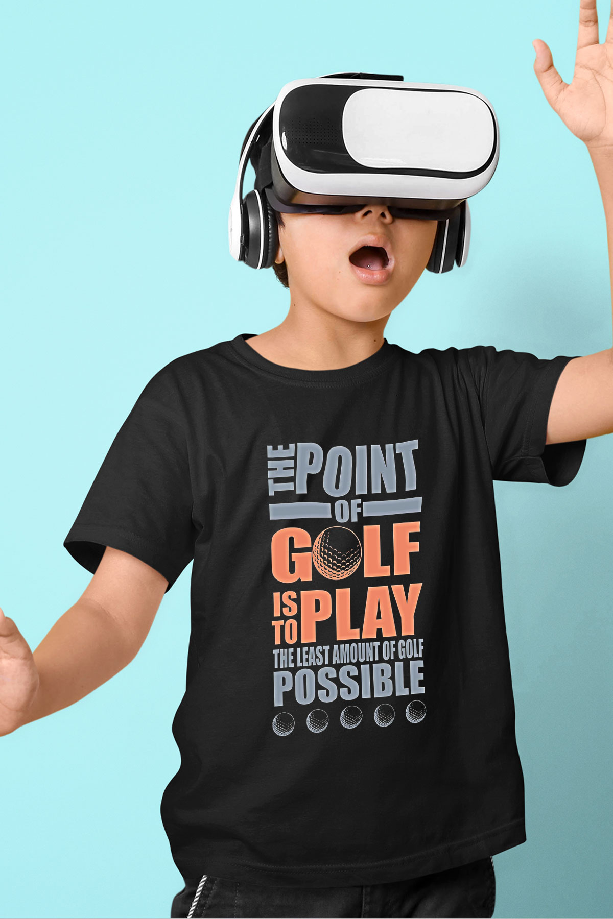 Golf Baskılı Unisex Siyah Çocuk Tİşörtü - Tshirt
