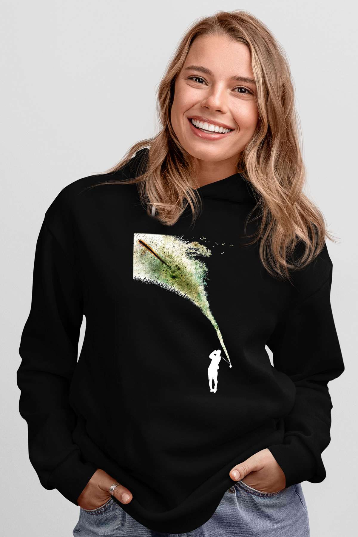 Golf Baskılı Unisex Siyah Hoodie