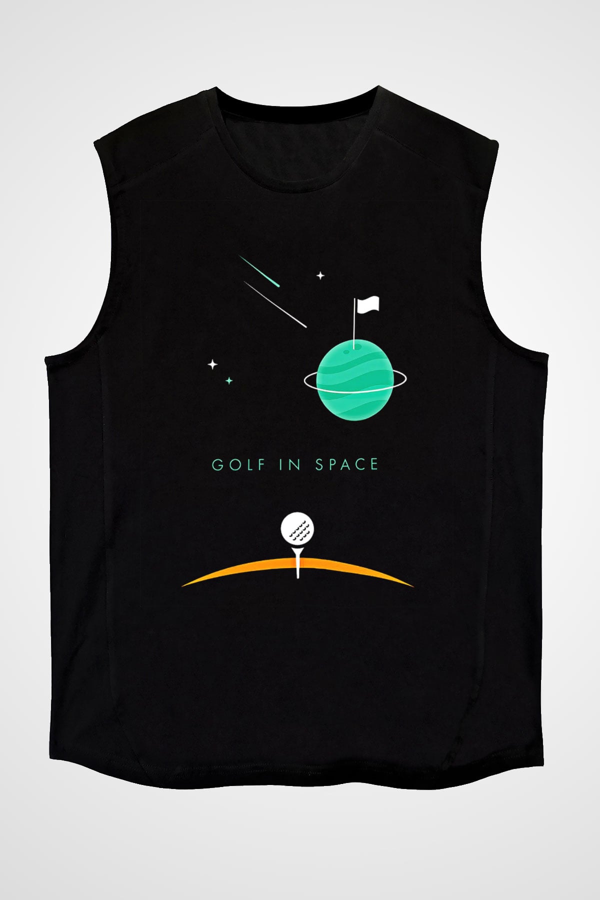 Golf Baskılı Unisex Siyah Kolsuz Tişört