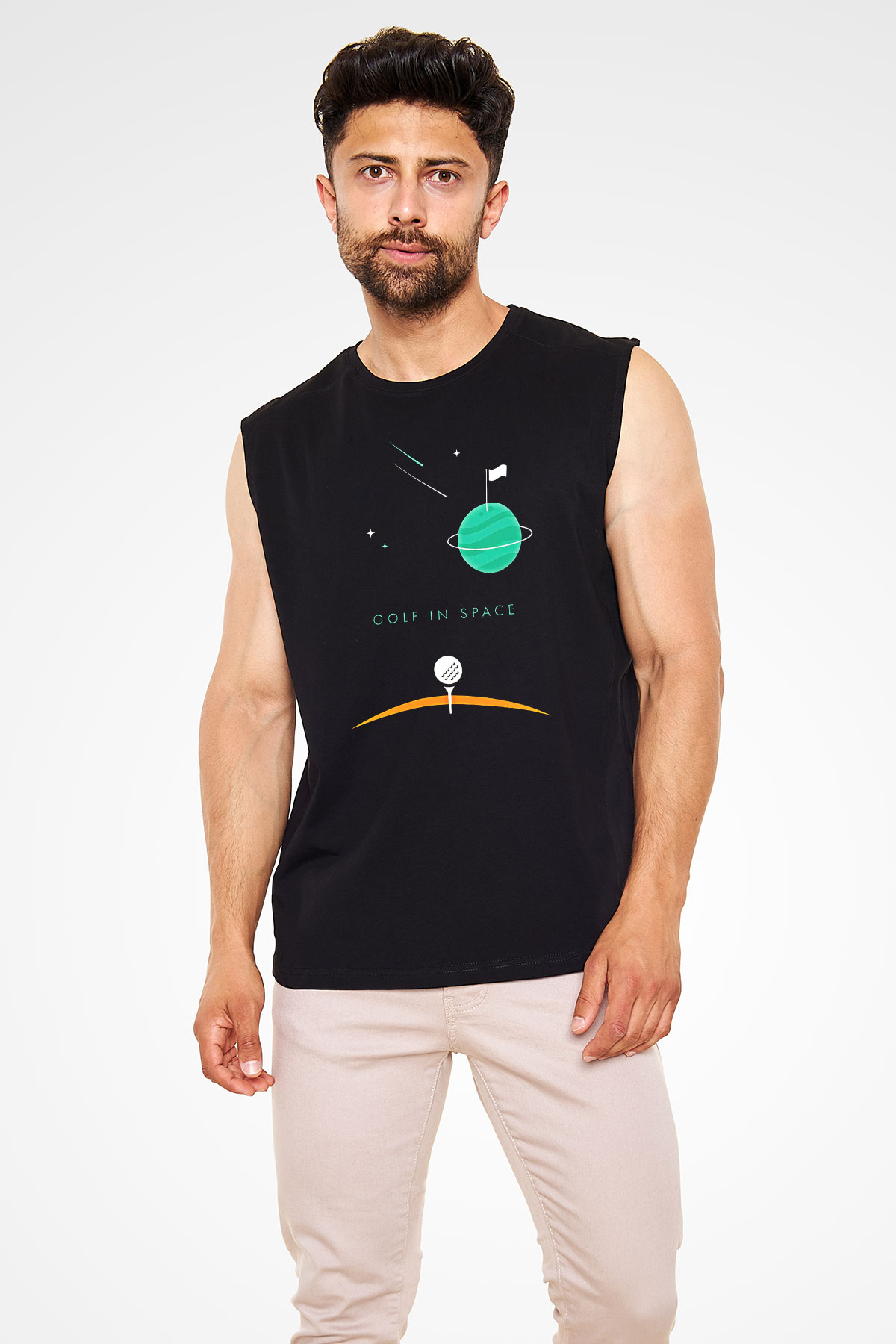 Golf Baskılı Unisex Siyah Kolsuz Tişört