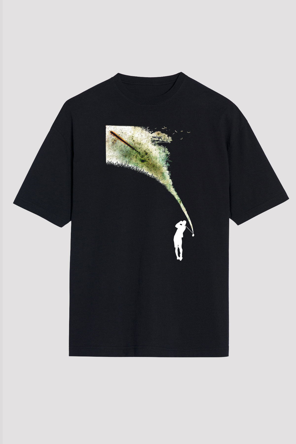 Golf Baskılı Unisex Siyah Oversize Tişört