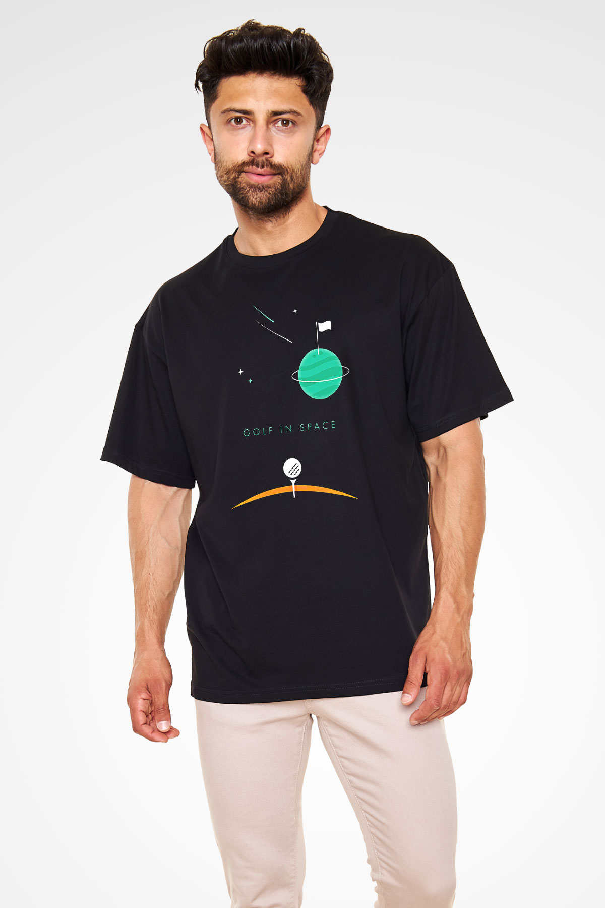 Golf Baskılı Unisex Siyah Oversize Tişört