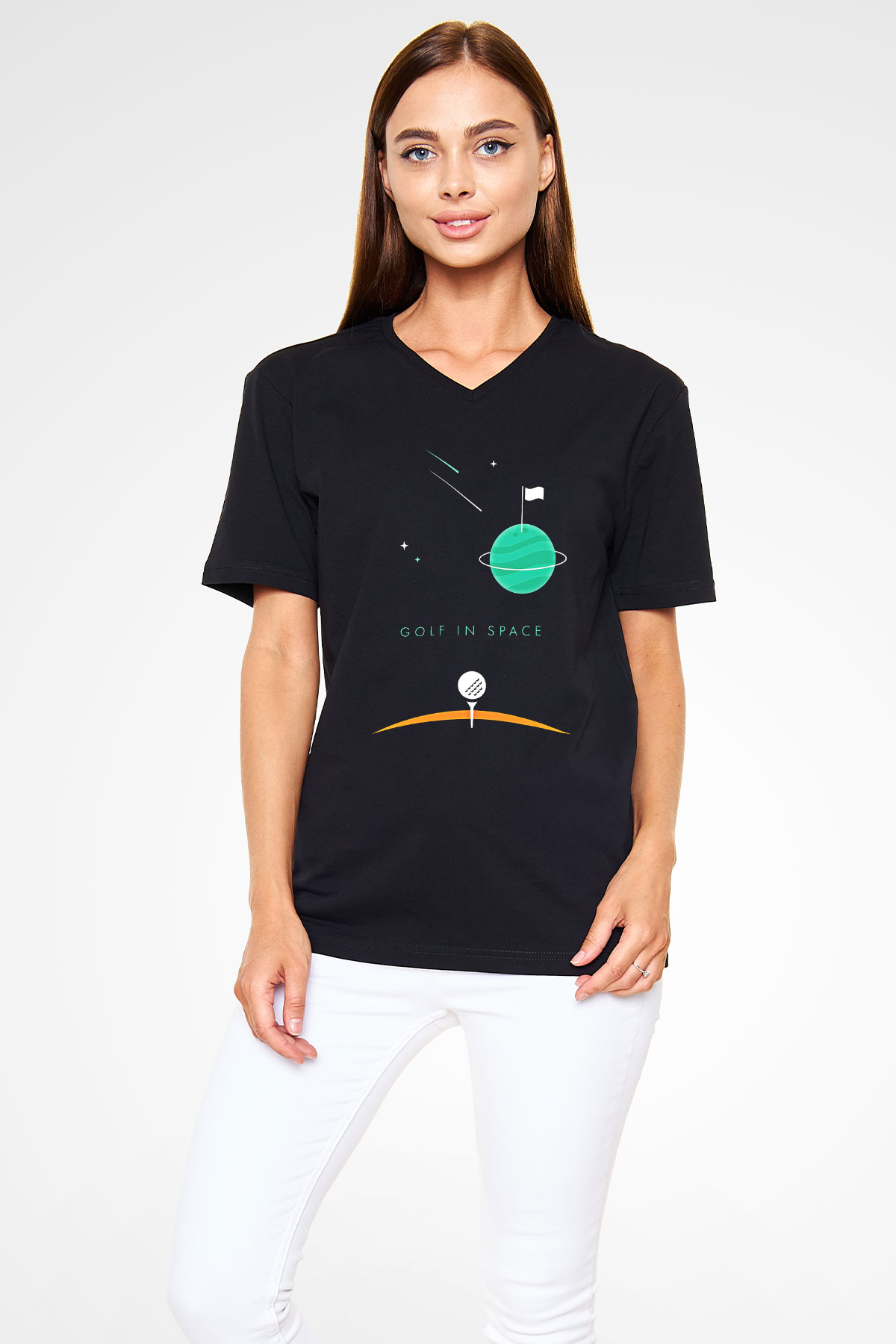 Golf Baskılı Unisex Siyah V Yaka Tişört