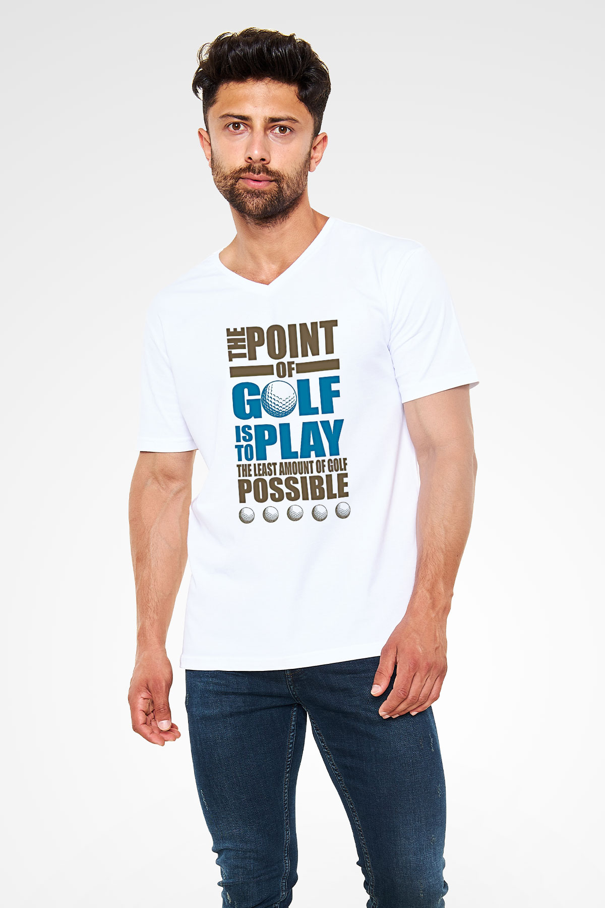 Golf Baskılı Unisex V Yaka Tişört - Tshirt