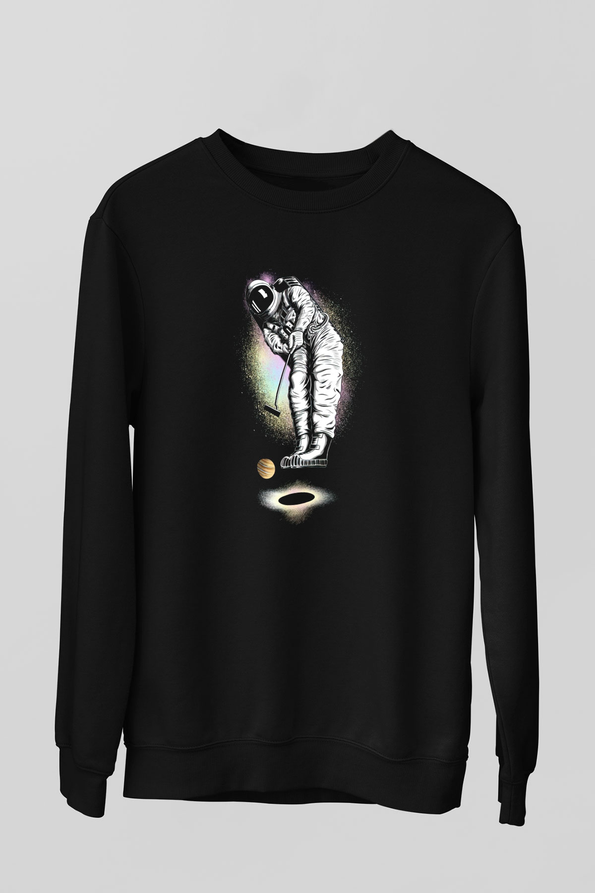 Golf Oynayan Astronot Baskılı Unisex Siyah  Sweatshirt