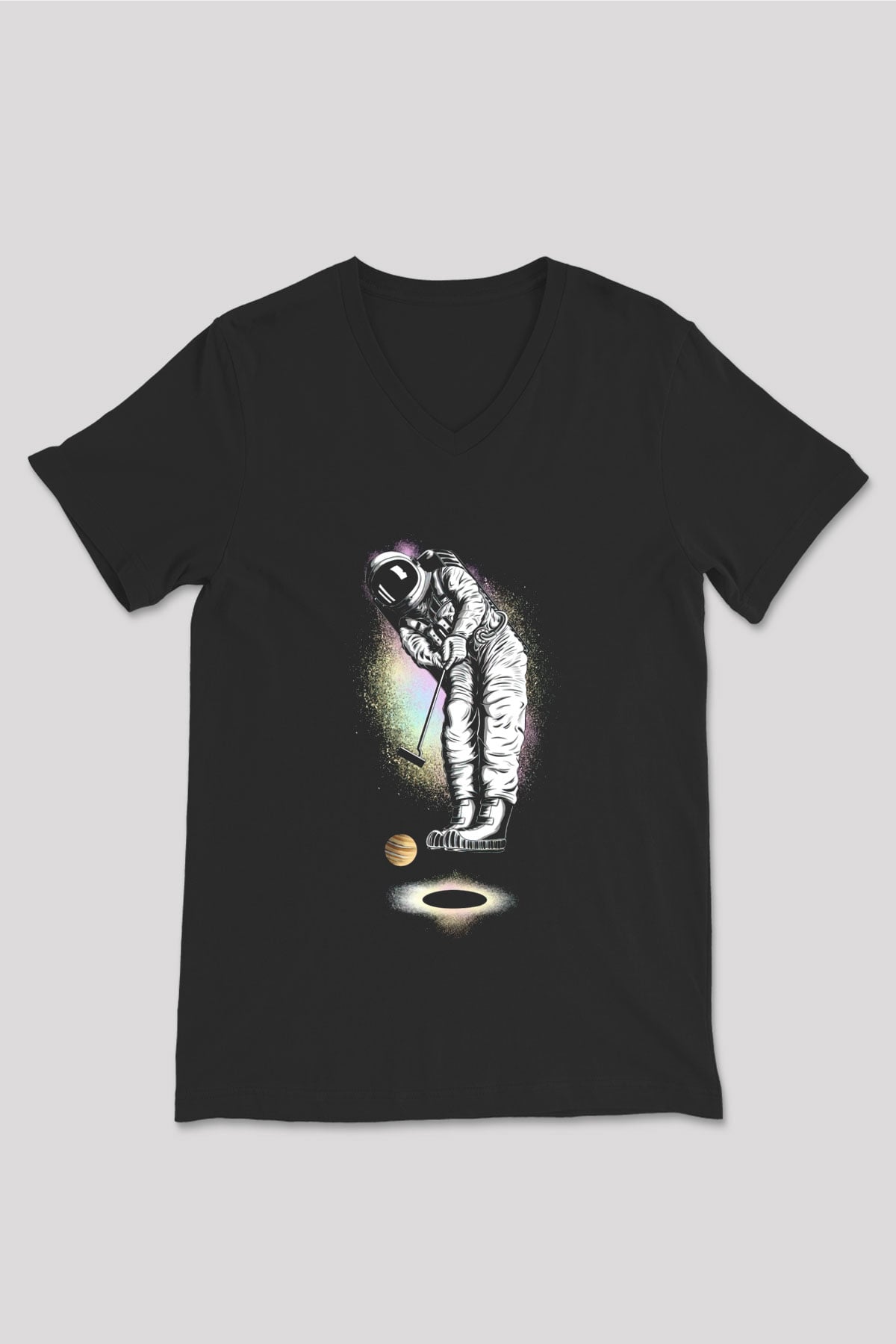 Golf Oynayan Astronot Baskılı Unisex Siyah  V Yaka Tişört