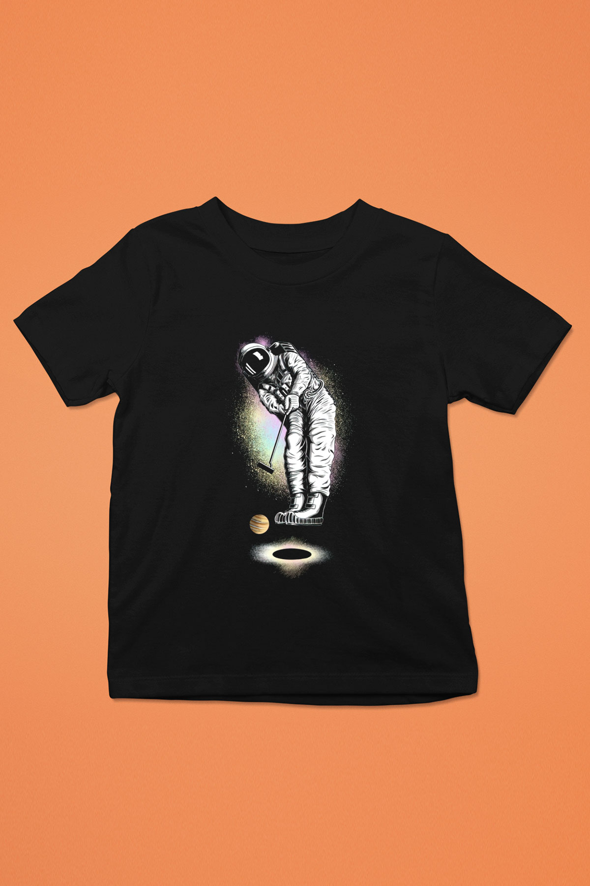Golf Oynayan Astronot Baskılı Unisex Siyah  Çocuk Tişört