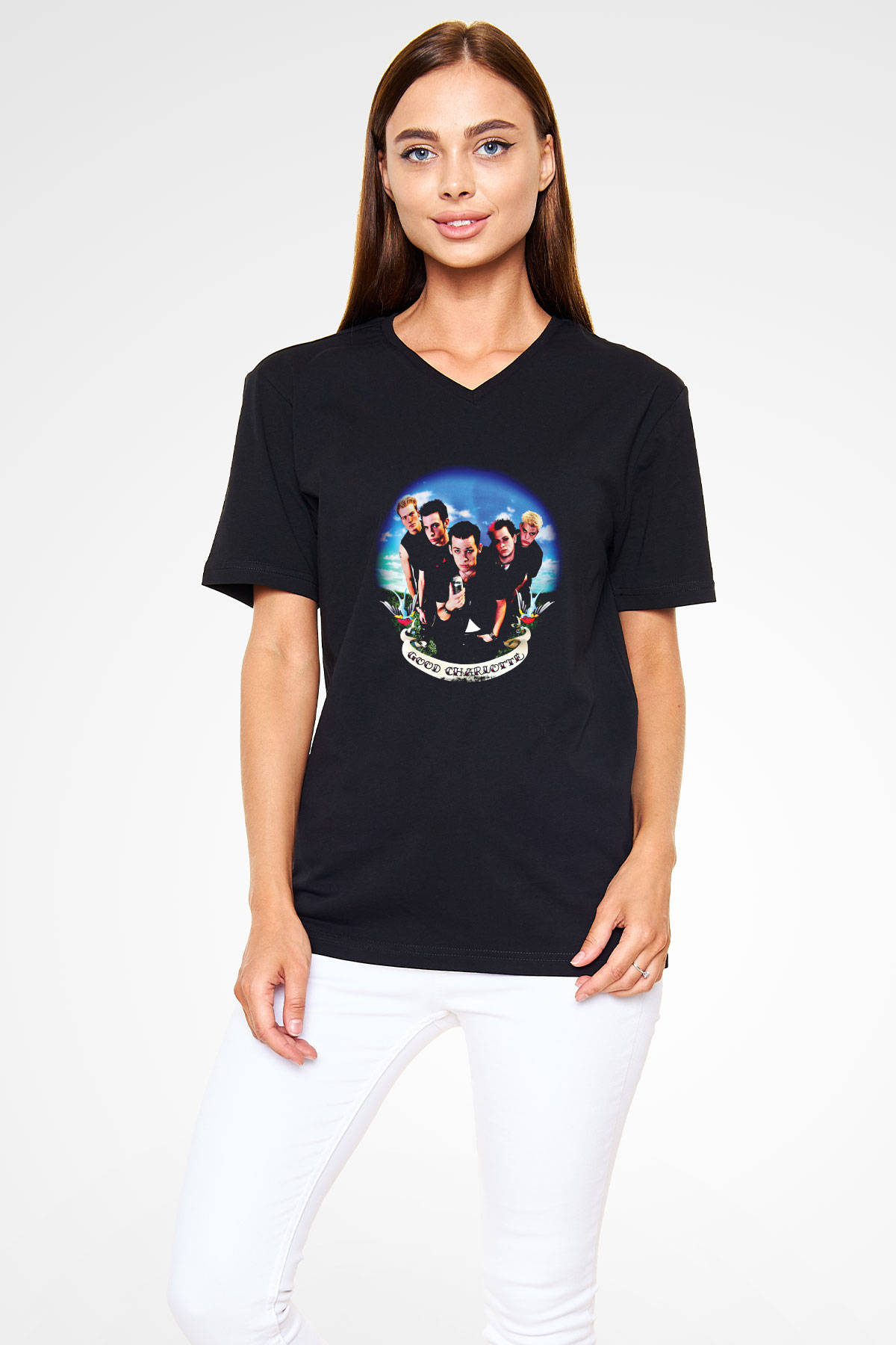 Good Charlotte Baskılı Unisex Siyah V Yaka Tişört