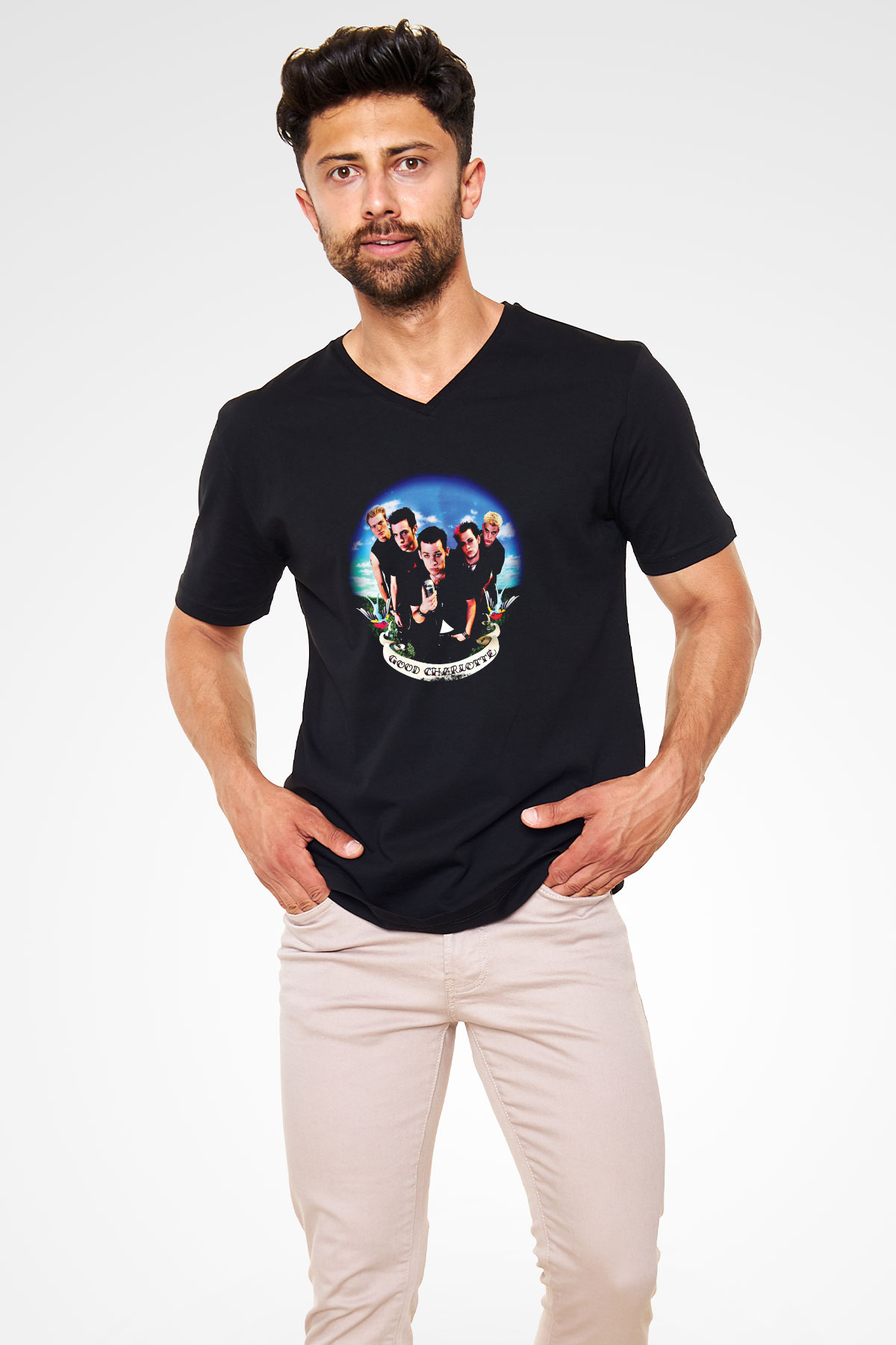 Good Charlotte Baskılı Unisex Siyah V Yaka Tişört
