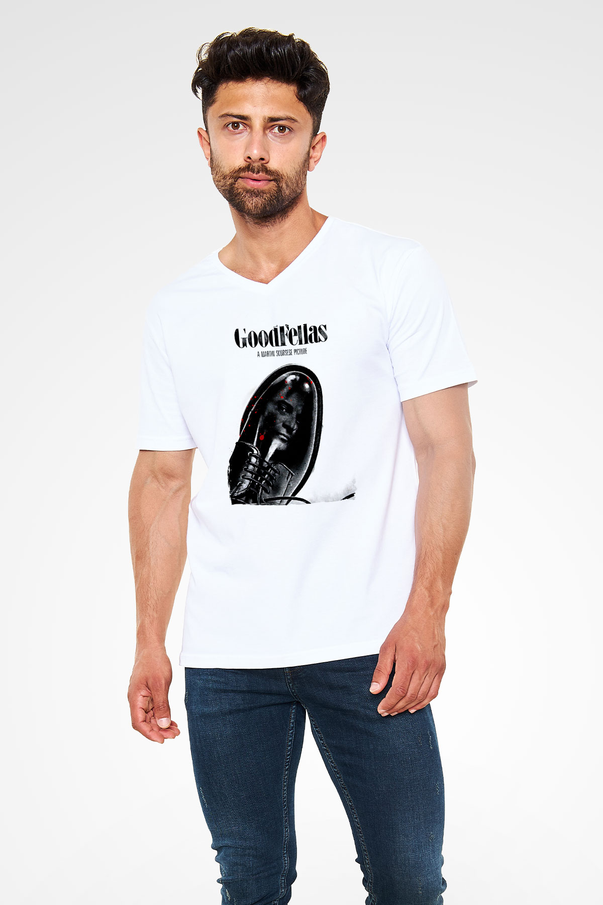 Goodfellas Baskılı Beyaz Unisex V Yaka Tişört - Tshirt