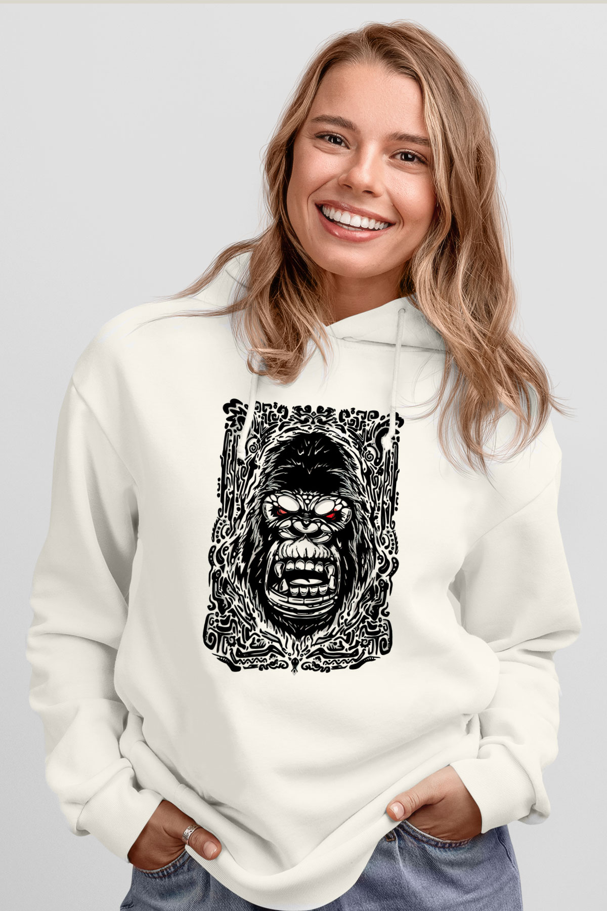 Goril Beyaz Unisex Hoodie