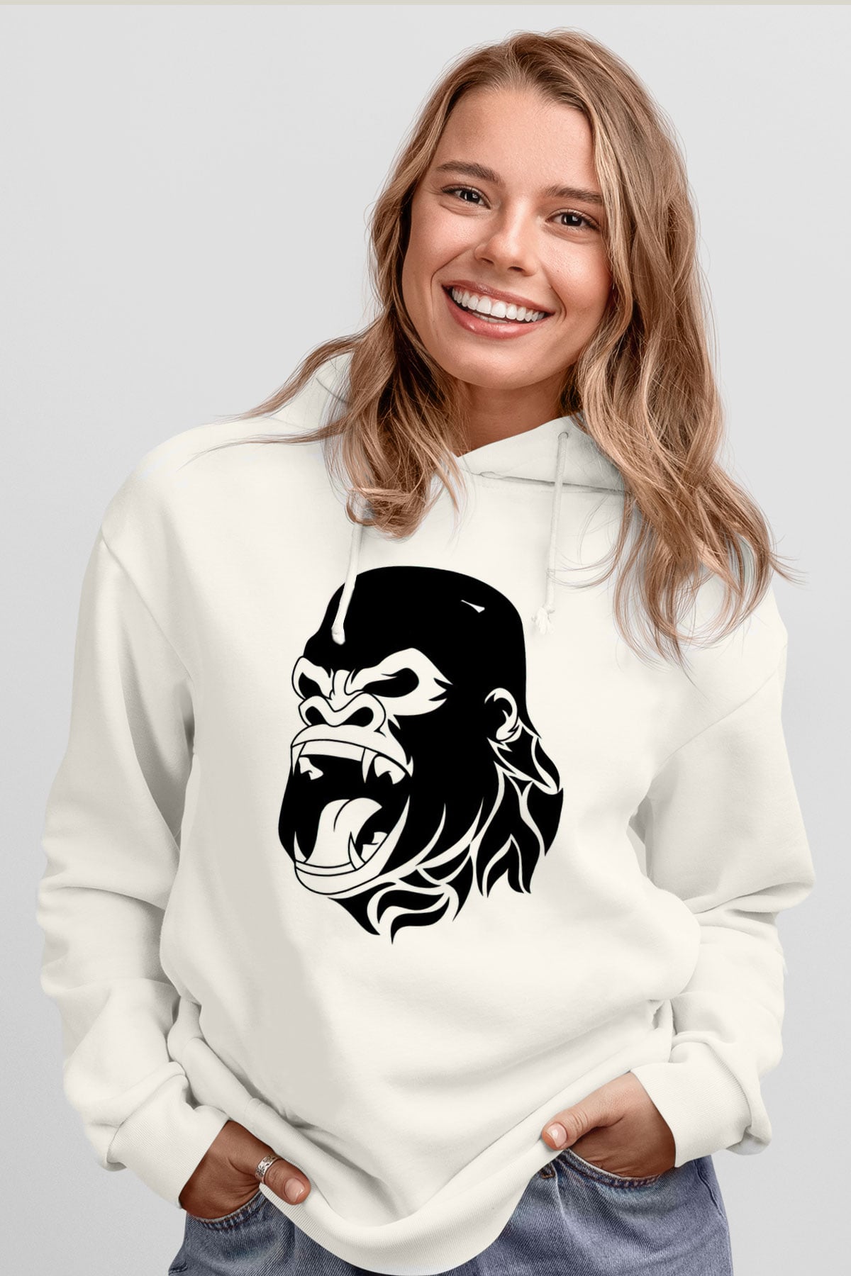 Goril Beyaz Unisex Hoodie